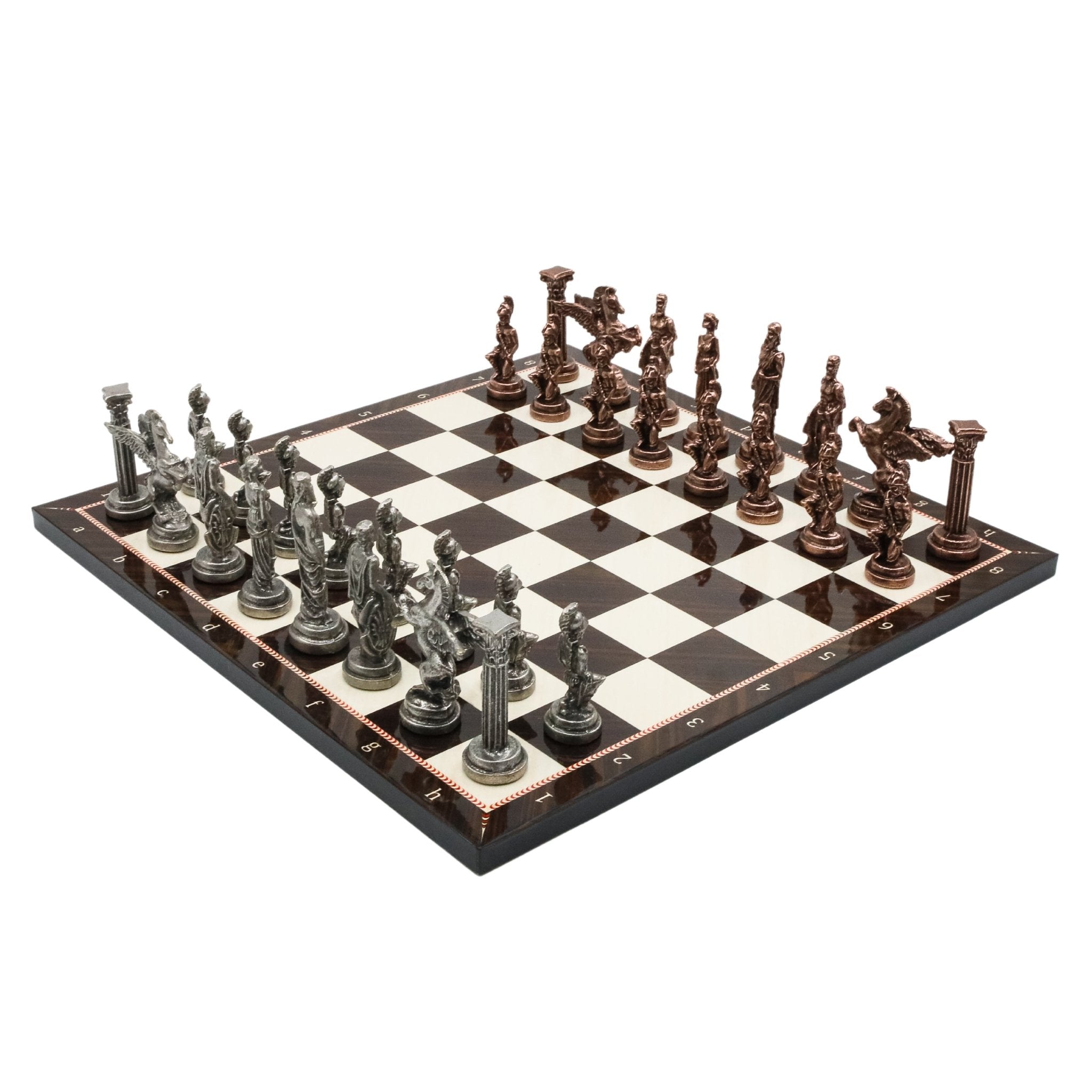 Greek Mythology Pegasus Metal Chess Set | Wooden Chess Board 37CM (15") with Die Cast Metal Stands (Vintage Silver vs Bronze) - Cooper Chess