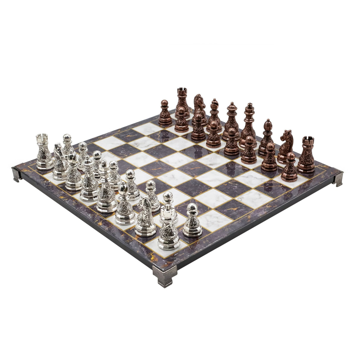 Crystal Baroque Metal Chess Set | Bronze - Silver | Chess Board w/ Metal Legs 37CM (15") - Cooper Chess