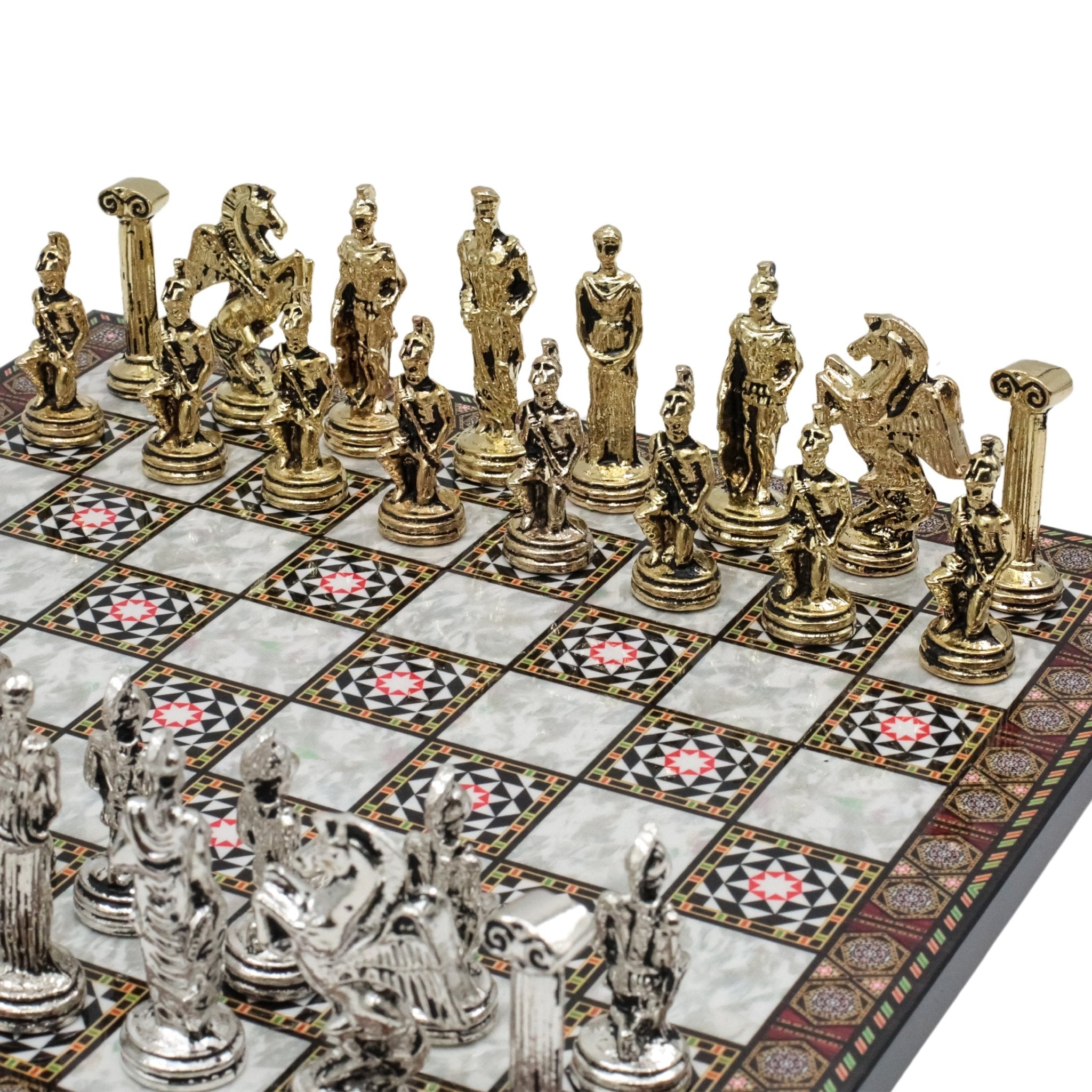 Greek Mythology Pegasus Metal Chess Set | Wooden Chess Board 30CM (12") with Die Cast Metal Stands - Cooper Chess