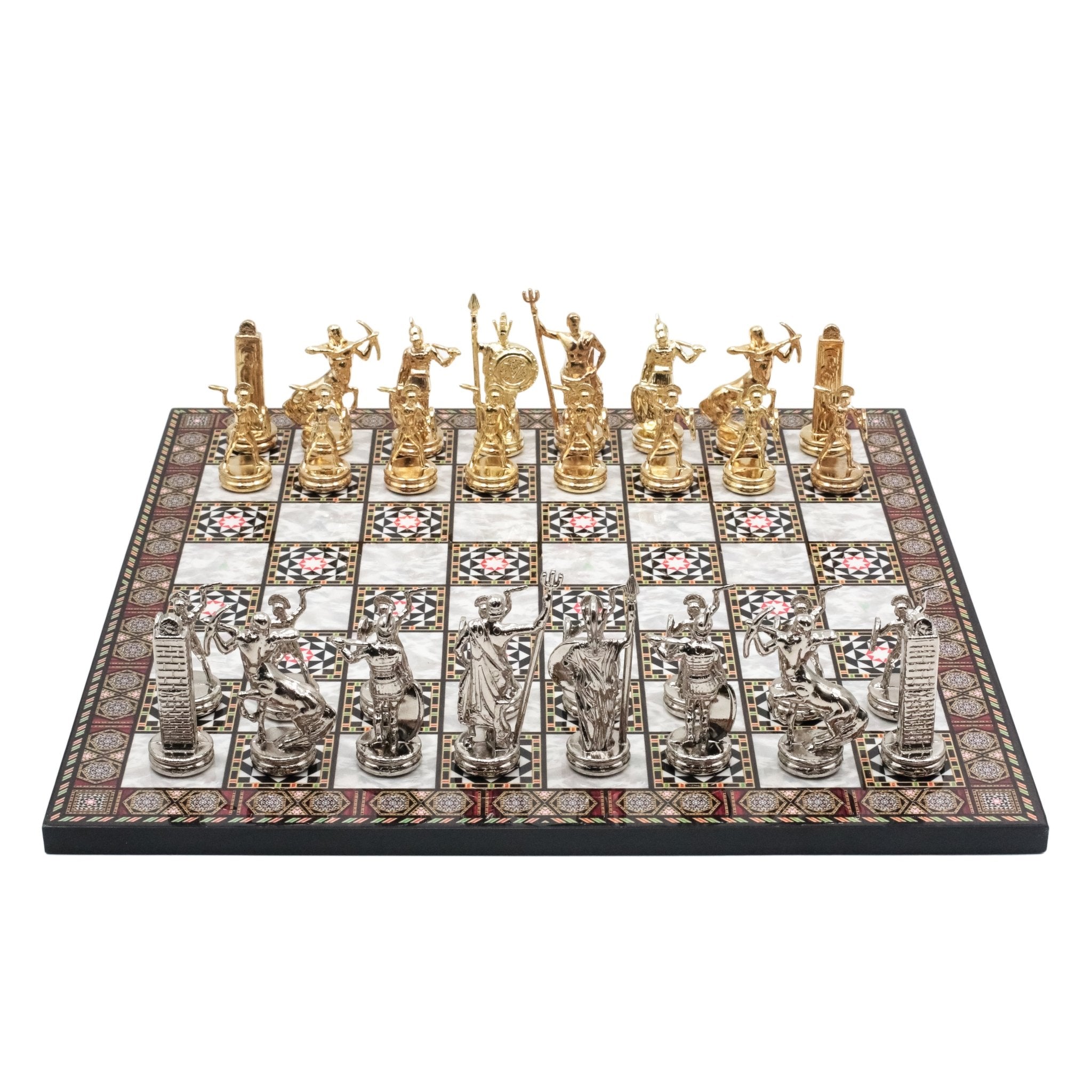 Greek Mythology Poseidon Metal Chess Set Model 1| Wooden Chess Board 37CM (15") with Die Cast Metal Stands - Cooper Chess