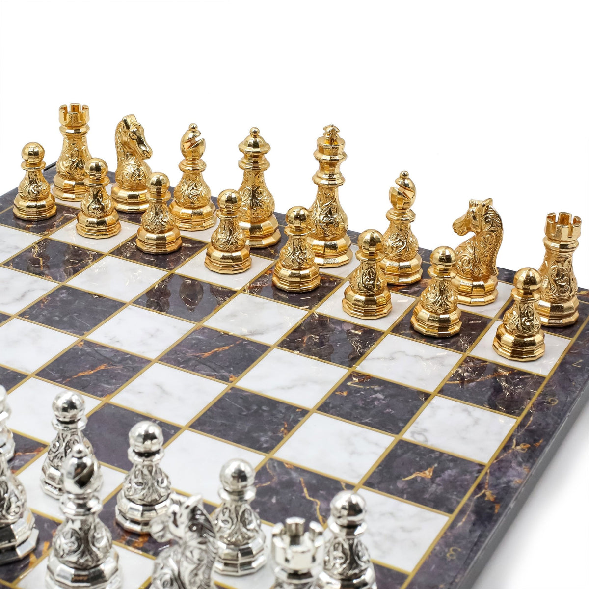 Crystal Baroque Metal Chess Set | Gold - Silver | Chess Board w/ Metal Legs 37CM (15") - Cooper Chess
