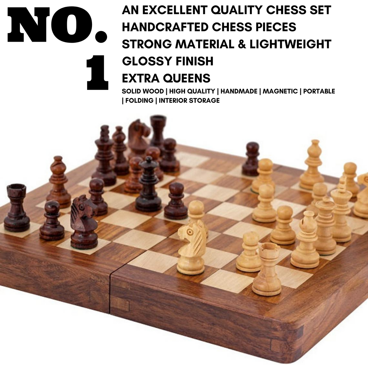 12 inch Foldable Magnetic Chess Set with Extra Queens | Handmade Travel Chess Set