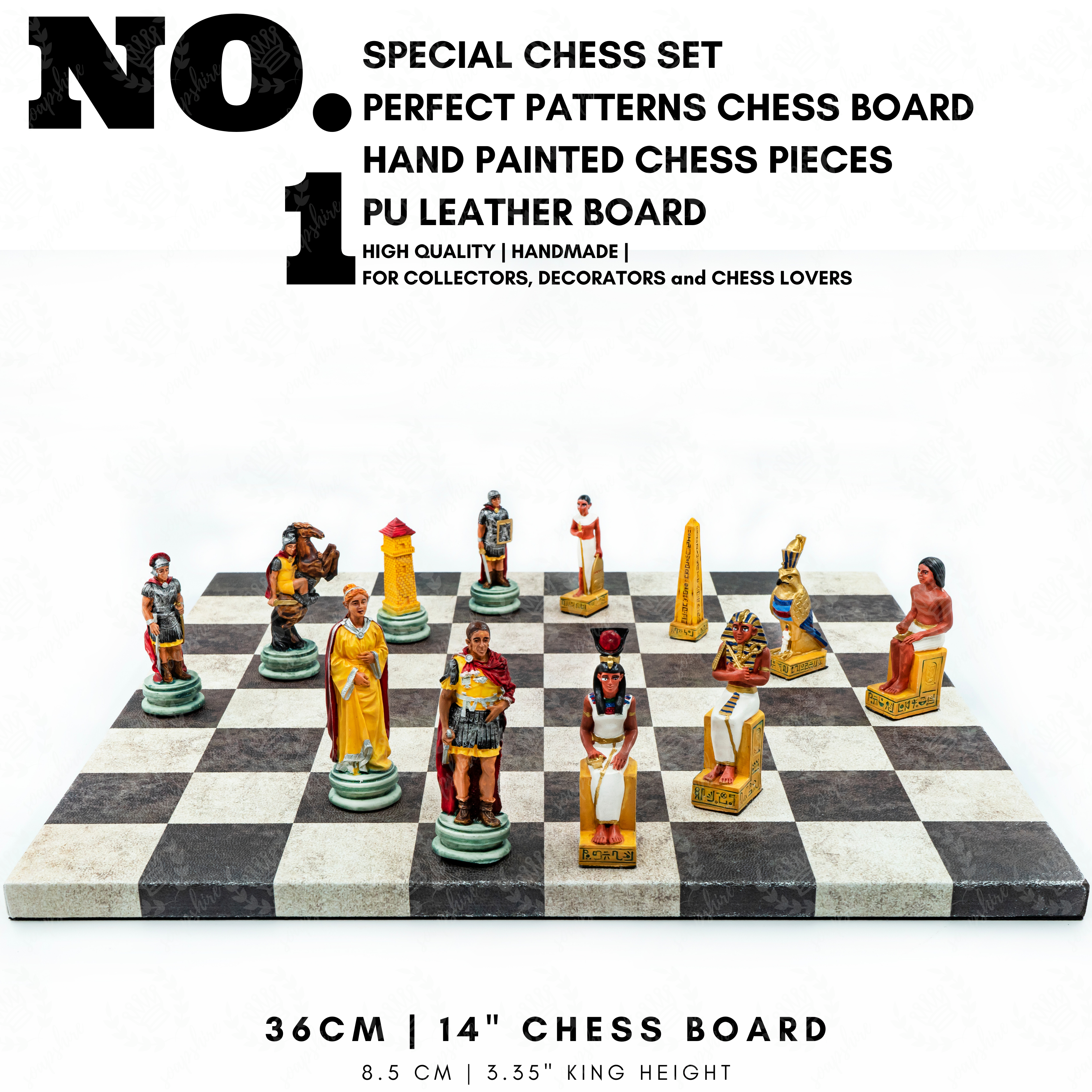 Roman vs Egyptian Chess Set | Handpainted Historical Figures | Leather Board – 36 cm (14 inch)