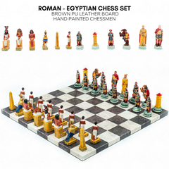 Roman vs Egyptian Chess Set | Handpainted Historical Figures | Leather Board – 36 cm (14 inch)