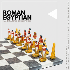 Roman vs Egyptian Chess Set | Handpainted Historical Figures | Leather Board – 36 cm (14 inch)