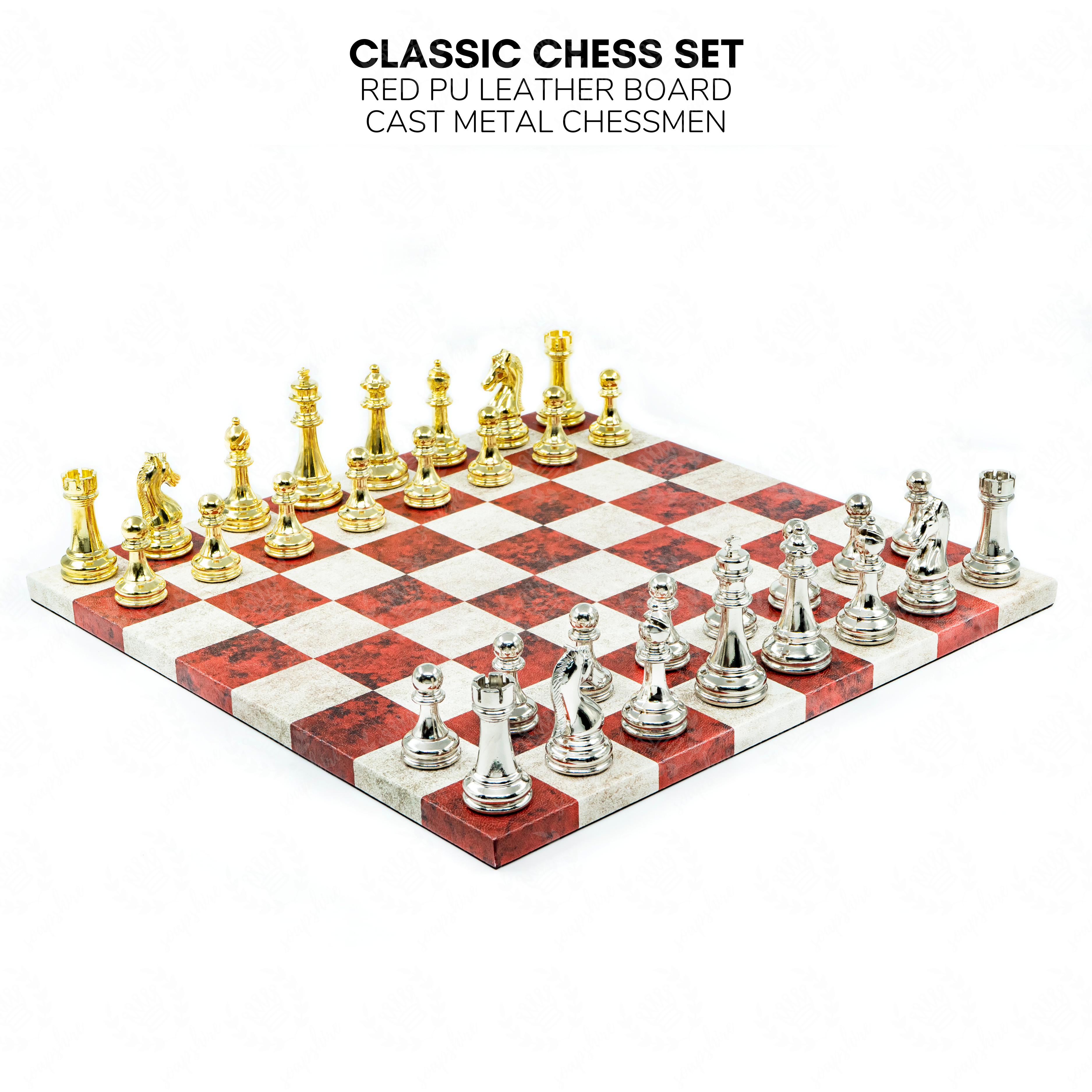 Leather Board Chess Set | Metal Classic Figures – 36 cm (14 inch)