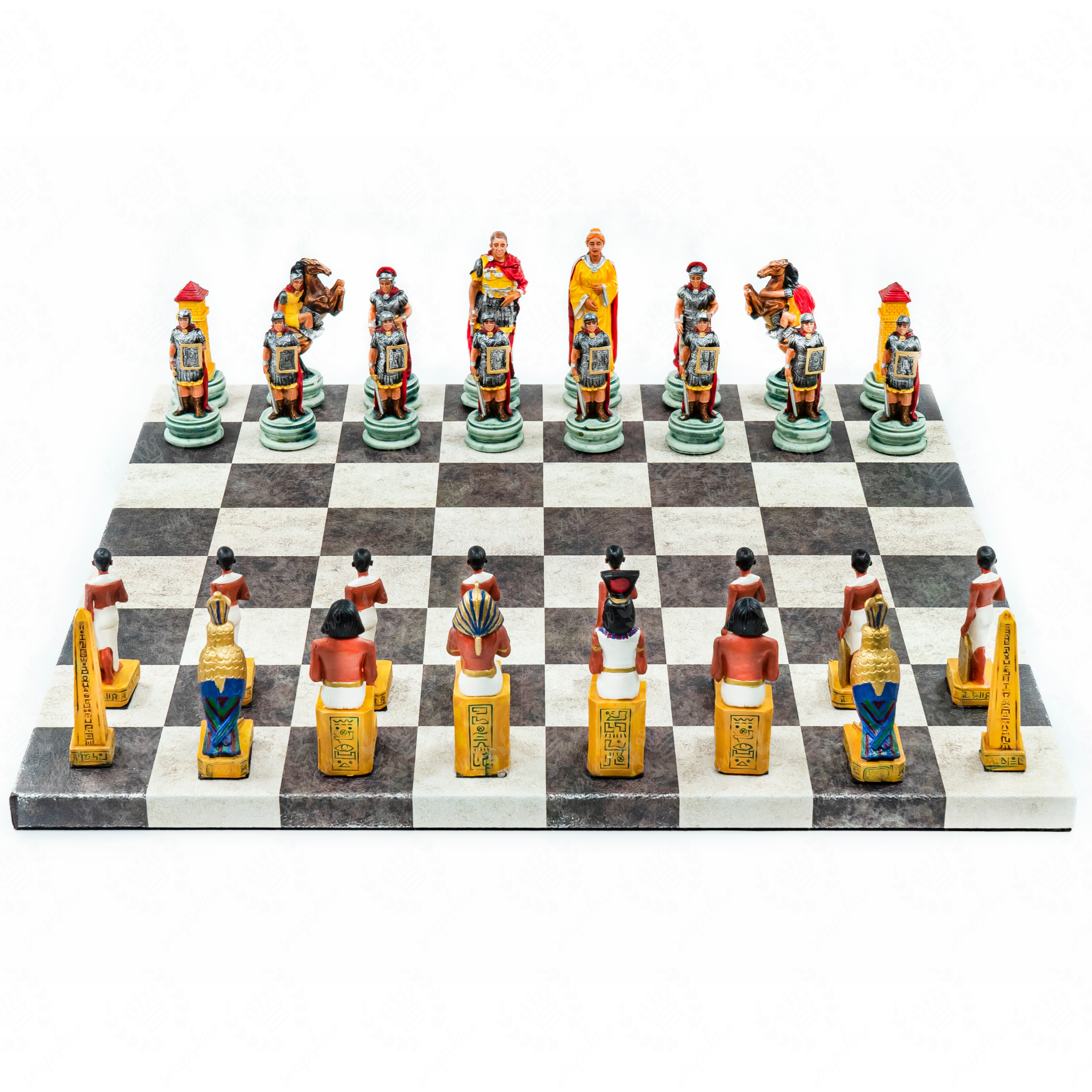 Roman vs Egyptian Chess Set | Handpainted Historical Figures | Leather Board – 36 cm (14 inch)