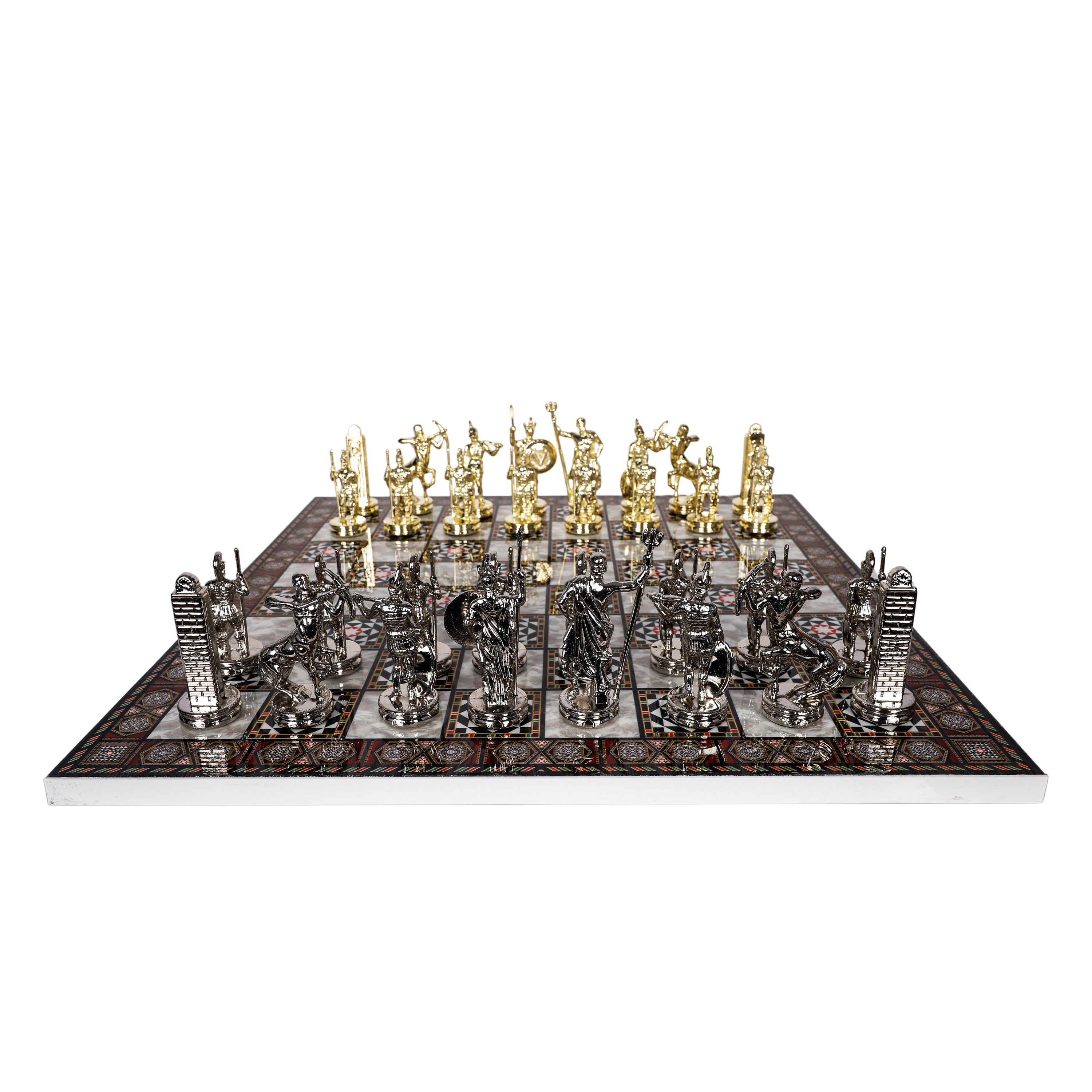 Metal Roman Lance Chess Set | Wooden Board Marble/Walnut/Mosaic Pattern – 37 cm (14.5 inch)