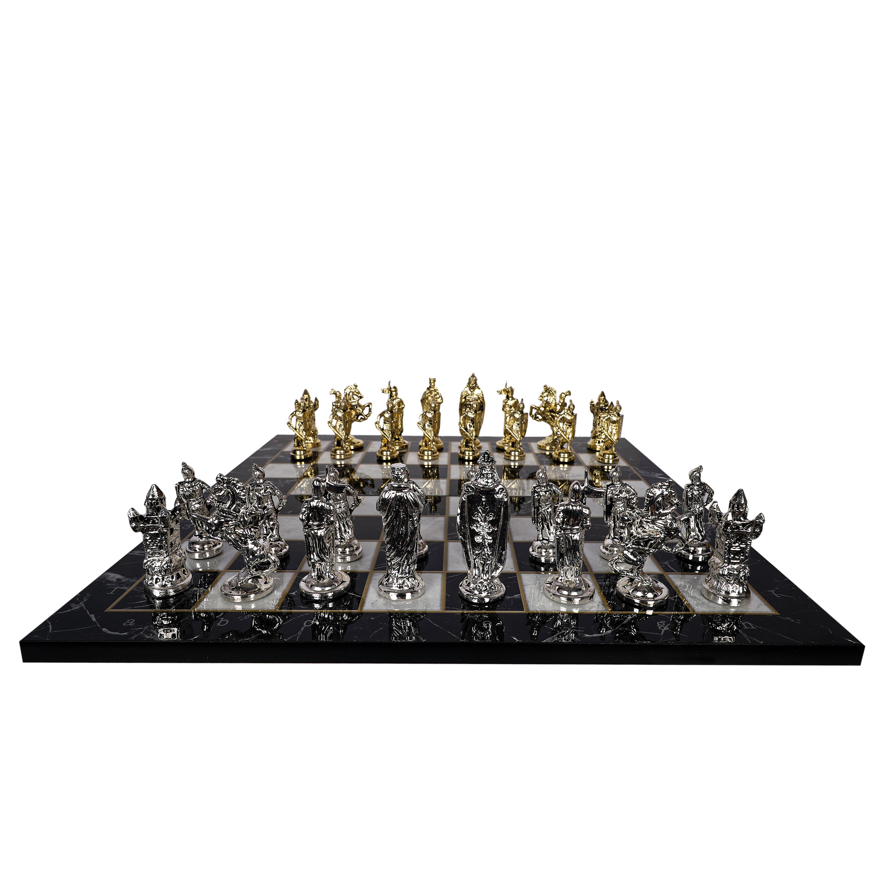 Metal British Chess Set | Wooden Board Marble/Mosaic Pattern – 44 cm (17 inch)