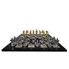 Metal British Chess Set | Wooden Board Marble/Mosaic Pattern – 44 cm (17 inch)