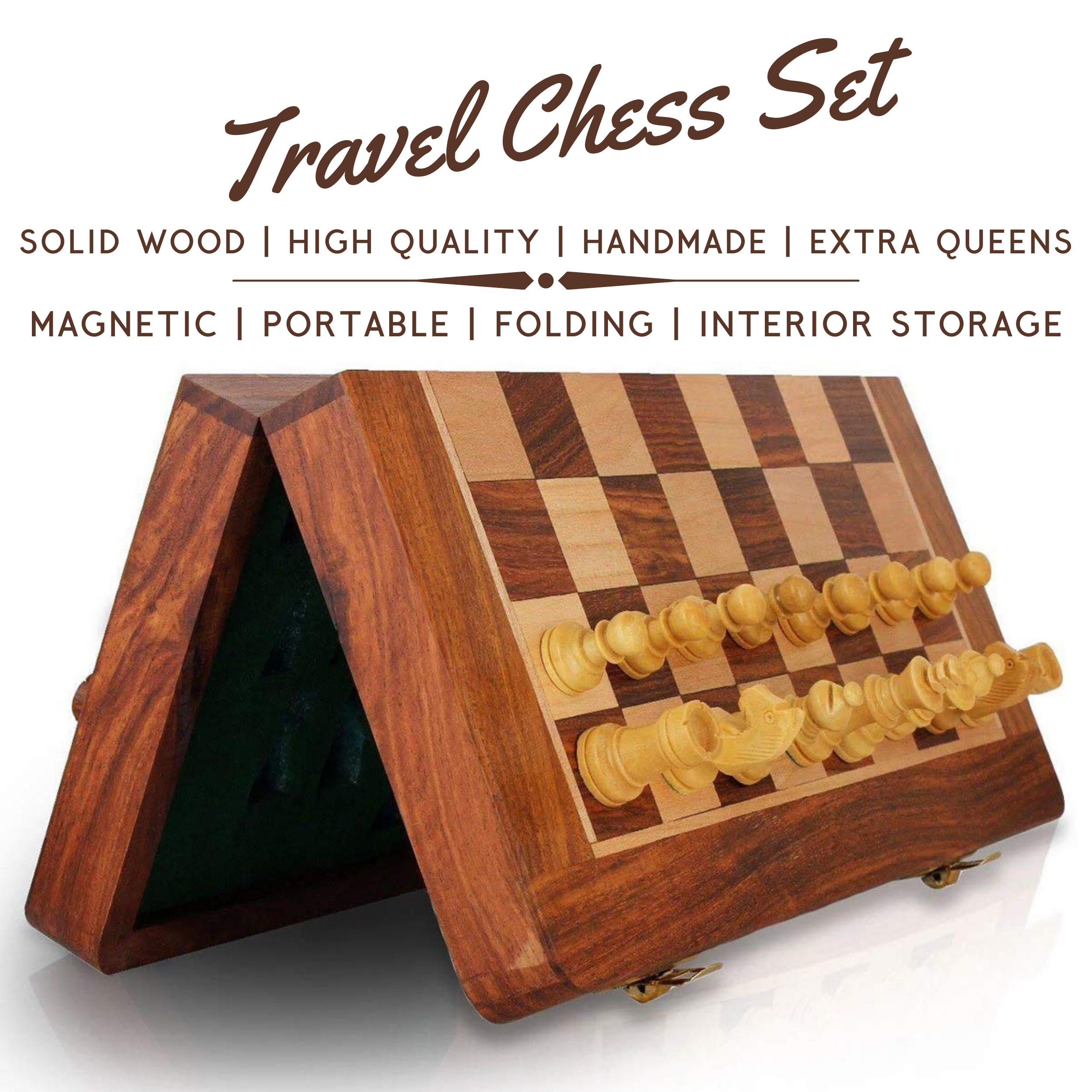 10 inch Foldable Magnetic Chess Set with Extra Queens | Handmade Travel Chess Set