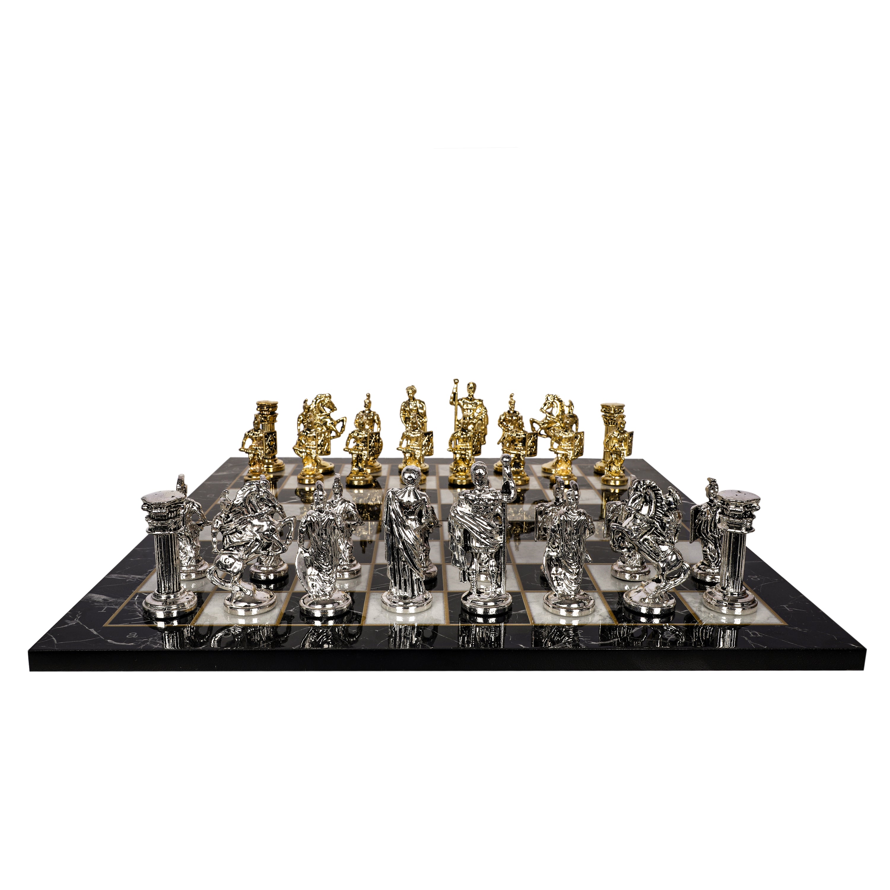 Metal Roman Chess Set | Wooden Board Marble/Mosaic Pattern – 44 cm (17 inch)