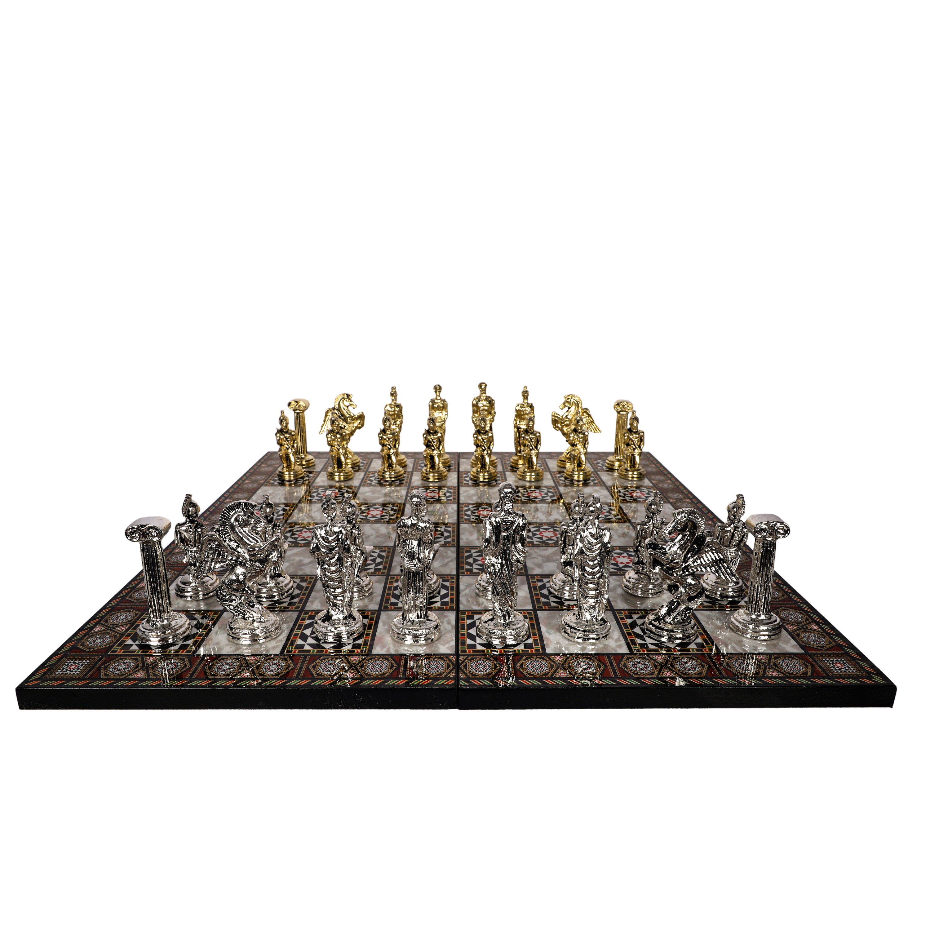 Metal Greek Mythology Pegasus Chess Set | Wooden Board Marble/Mosaic Pattern – 44 cm (17 inch)