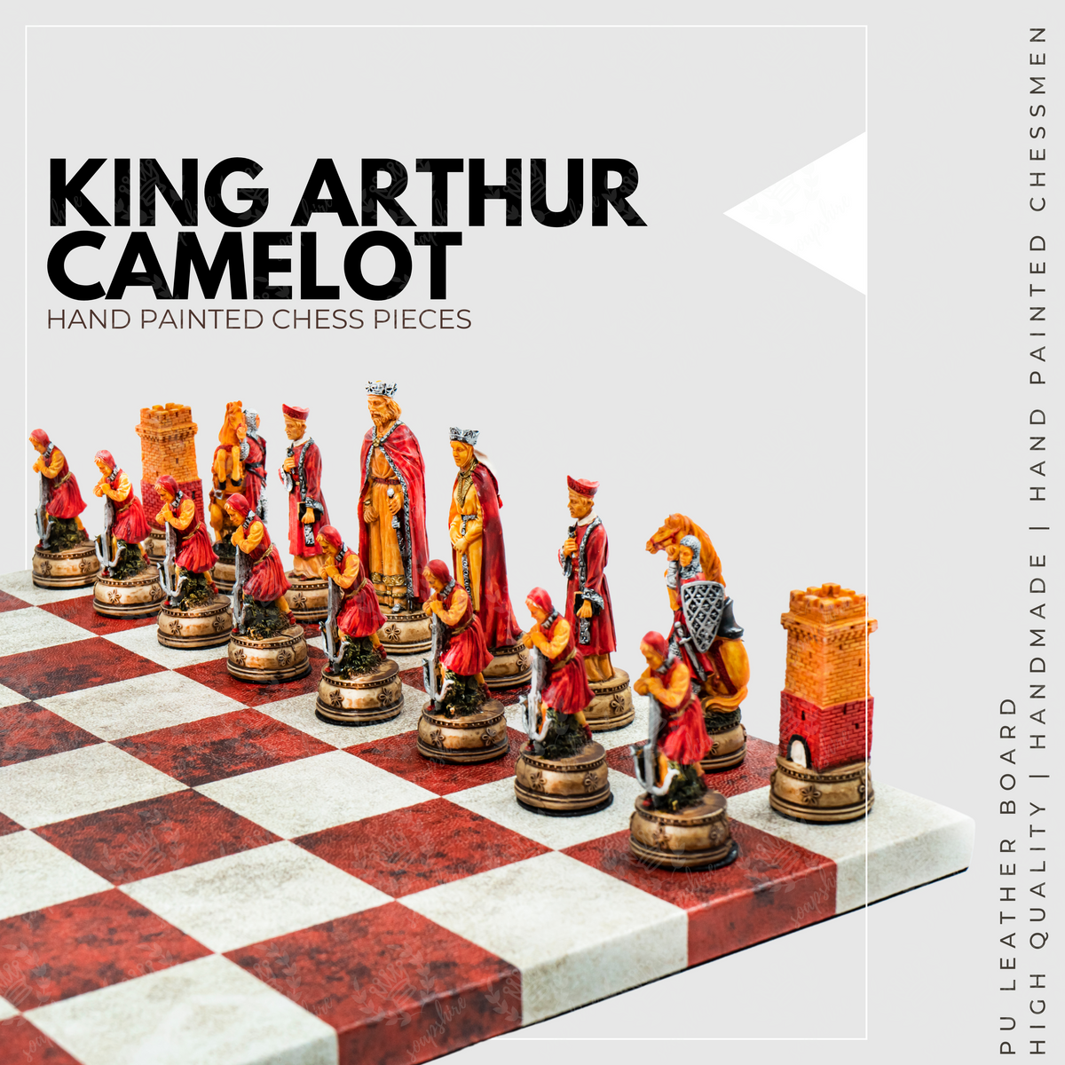 King Arthur Camelot Chess Set | Handpainted Historical Figures | Leather Board – 36 cm (14 inch)