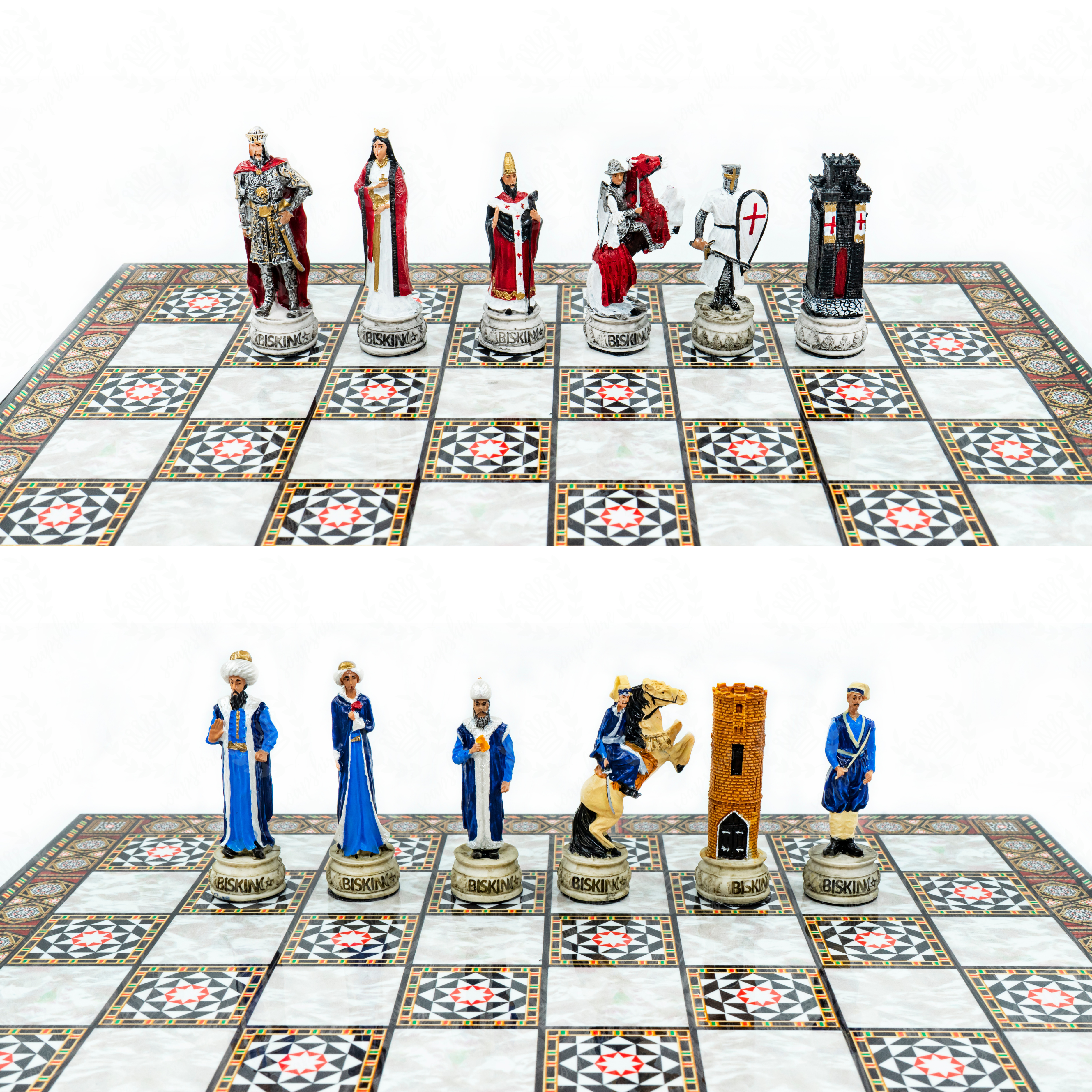 Ottoman vs British Chess Set | Handpainted Historical Figures | Marble/Walnut/Mosaic Pattern – 30 cm (12 inch)