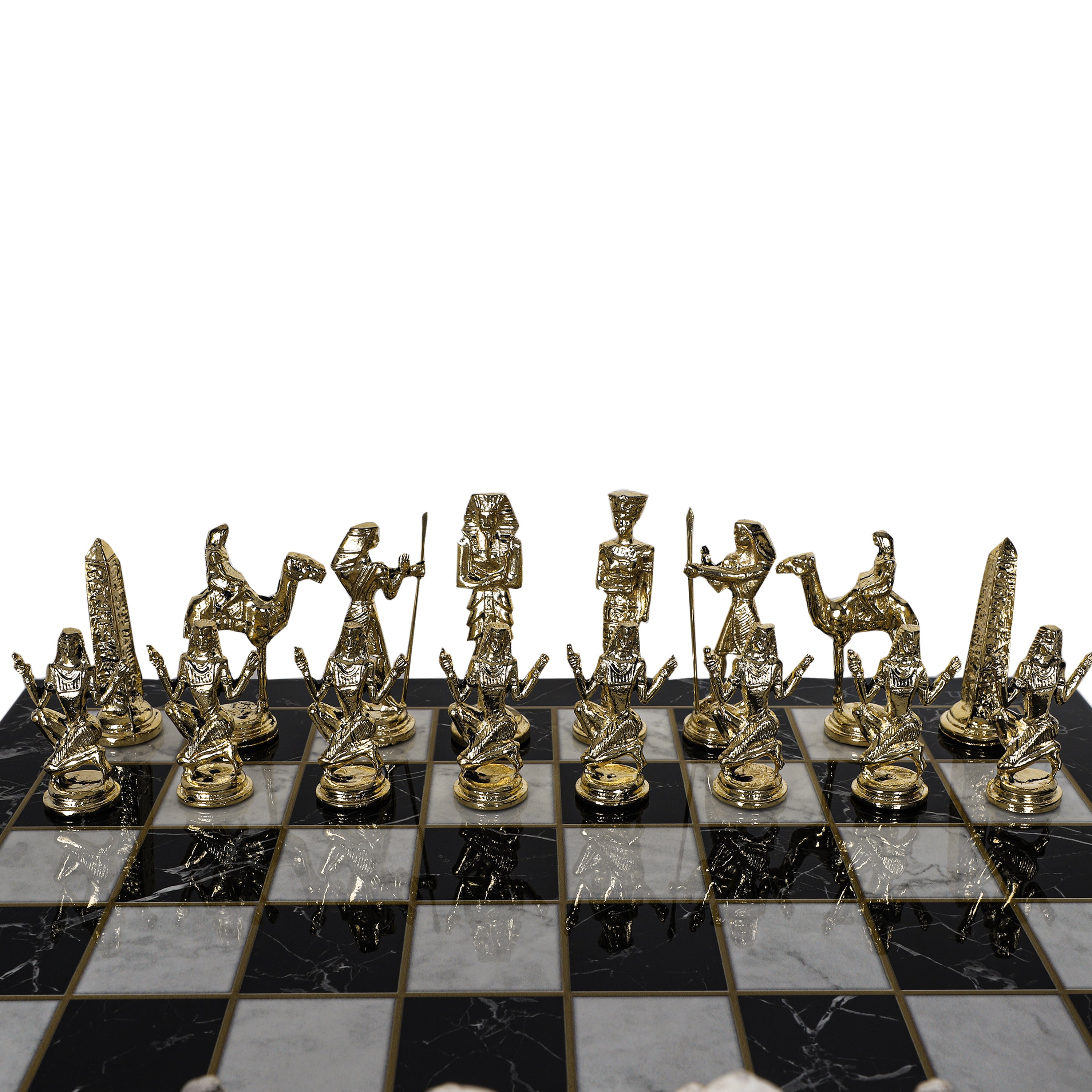 Metal Egyptian Chess Set | Wooden Board Marble/Mosaic Pattern – 44 cm (17 inch)