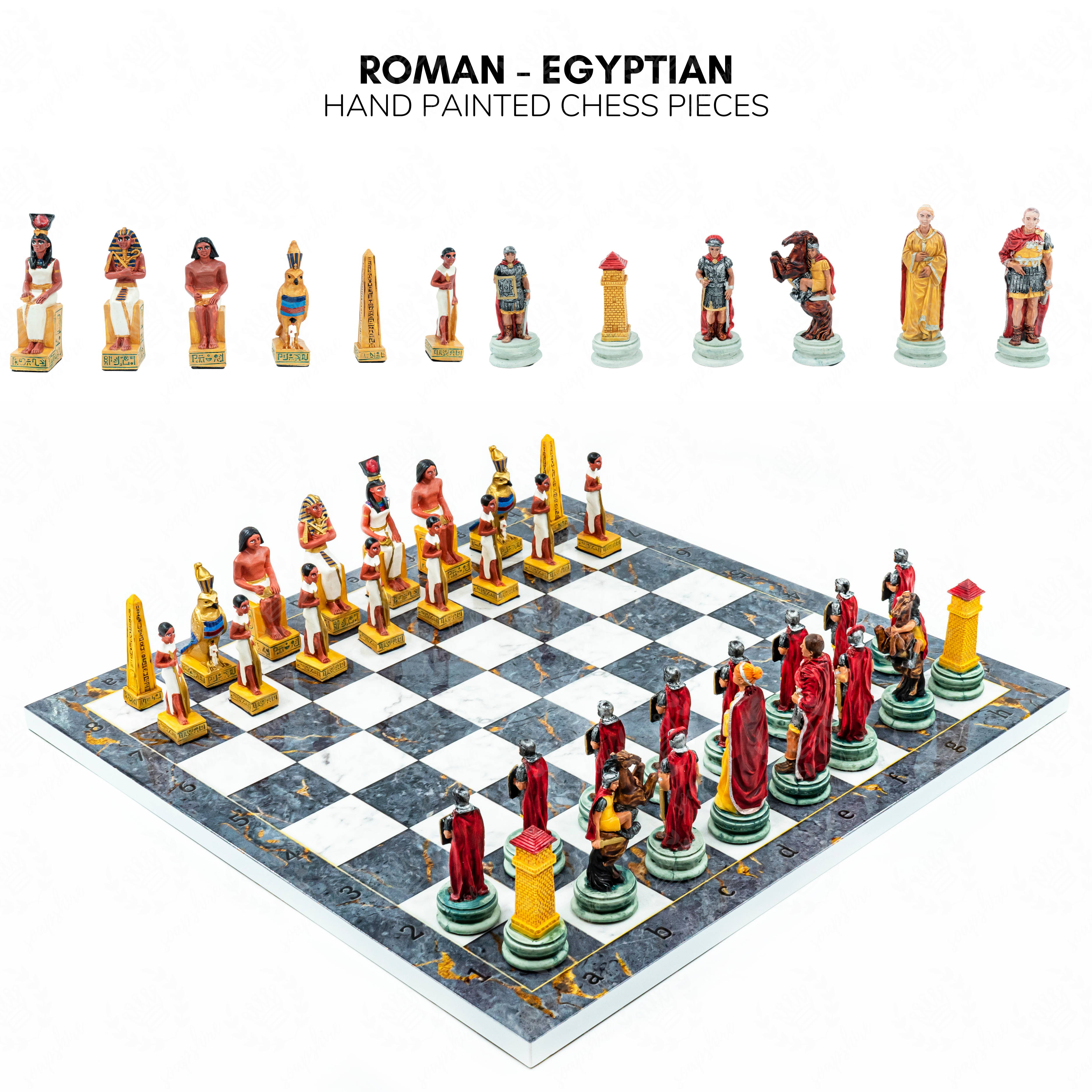 Roman vs Egyptian Chess Set | Handpainted Historical Figures | Marble/Walnut/Mosaic Pattern – 37 cm (14.5 inch)