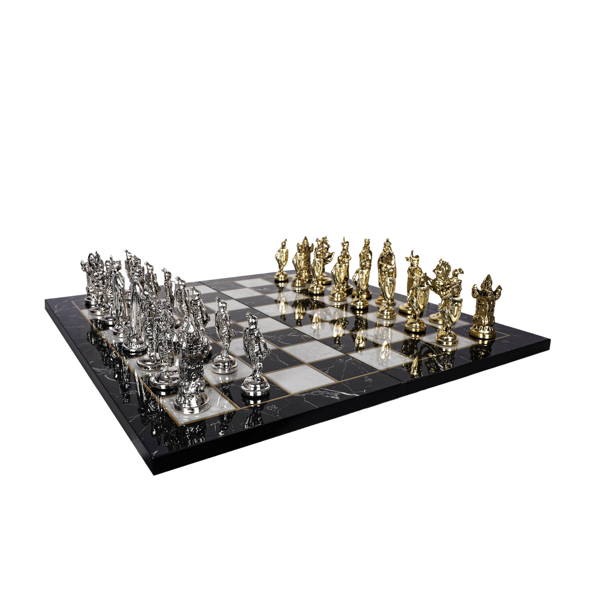 Metal British Chess Set | Wooden Board Marble/Walnut/Mosaic Pattern – 30 cm (12 inch)