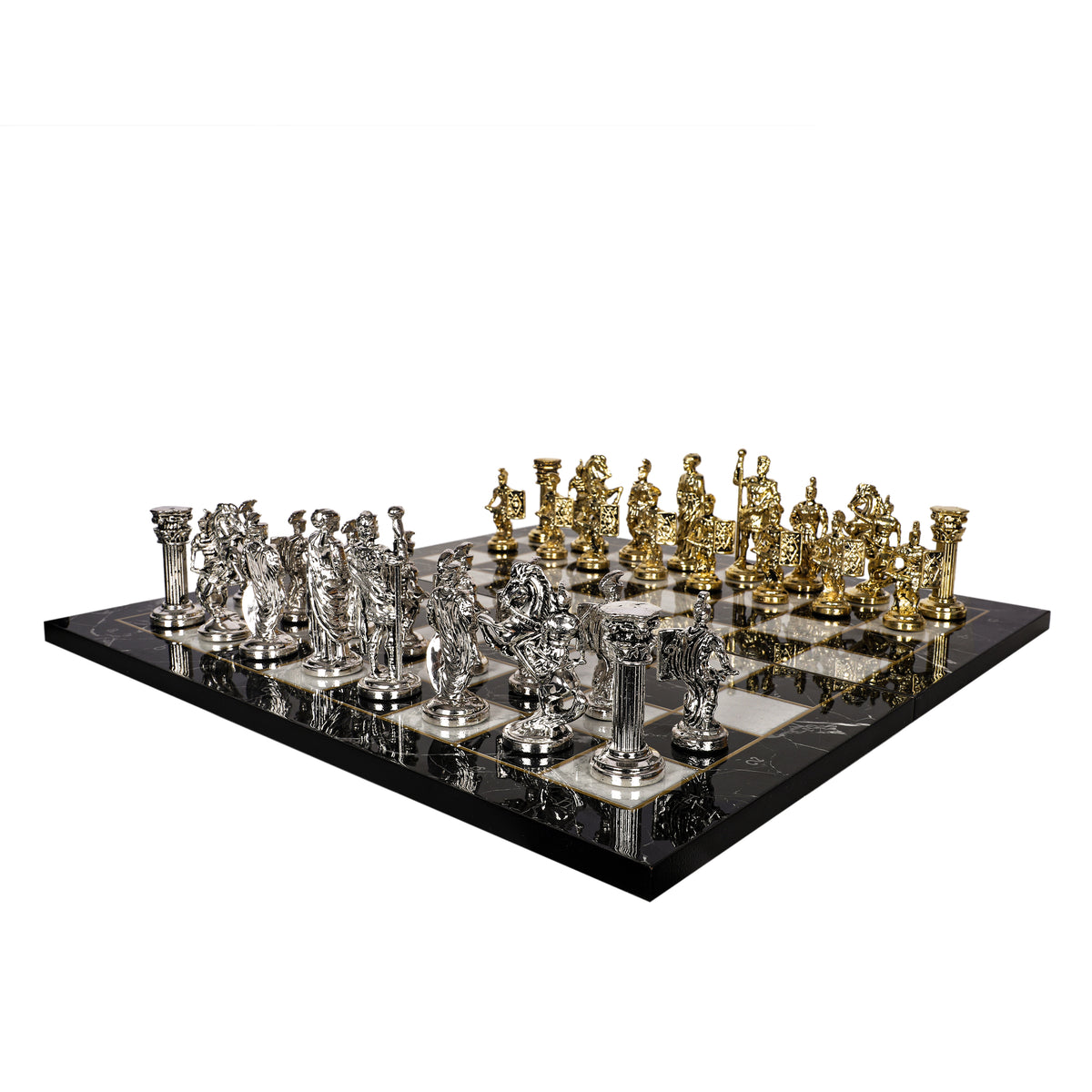 Metal Roman Chess Set | Wooden Board Marble/Mosaic Pattern – 44 cm (17 inch)