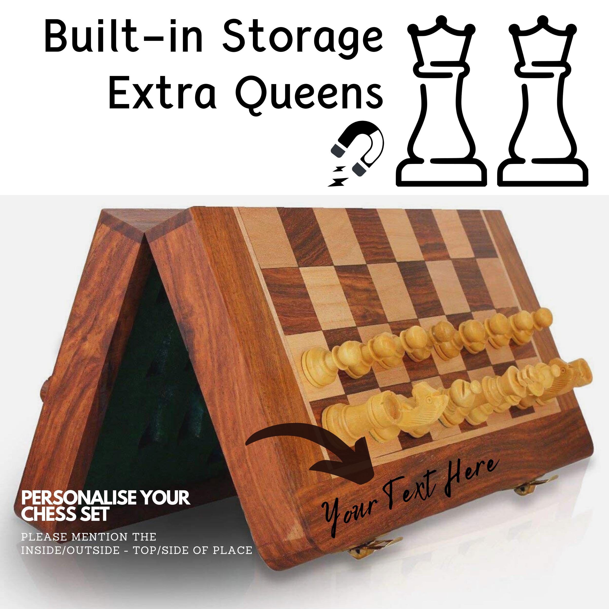 Personalised 10 inch Foldable Magnetic Chess Set with Extra Queens | Handmade Travel Chess Set