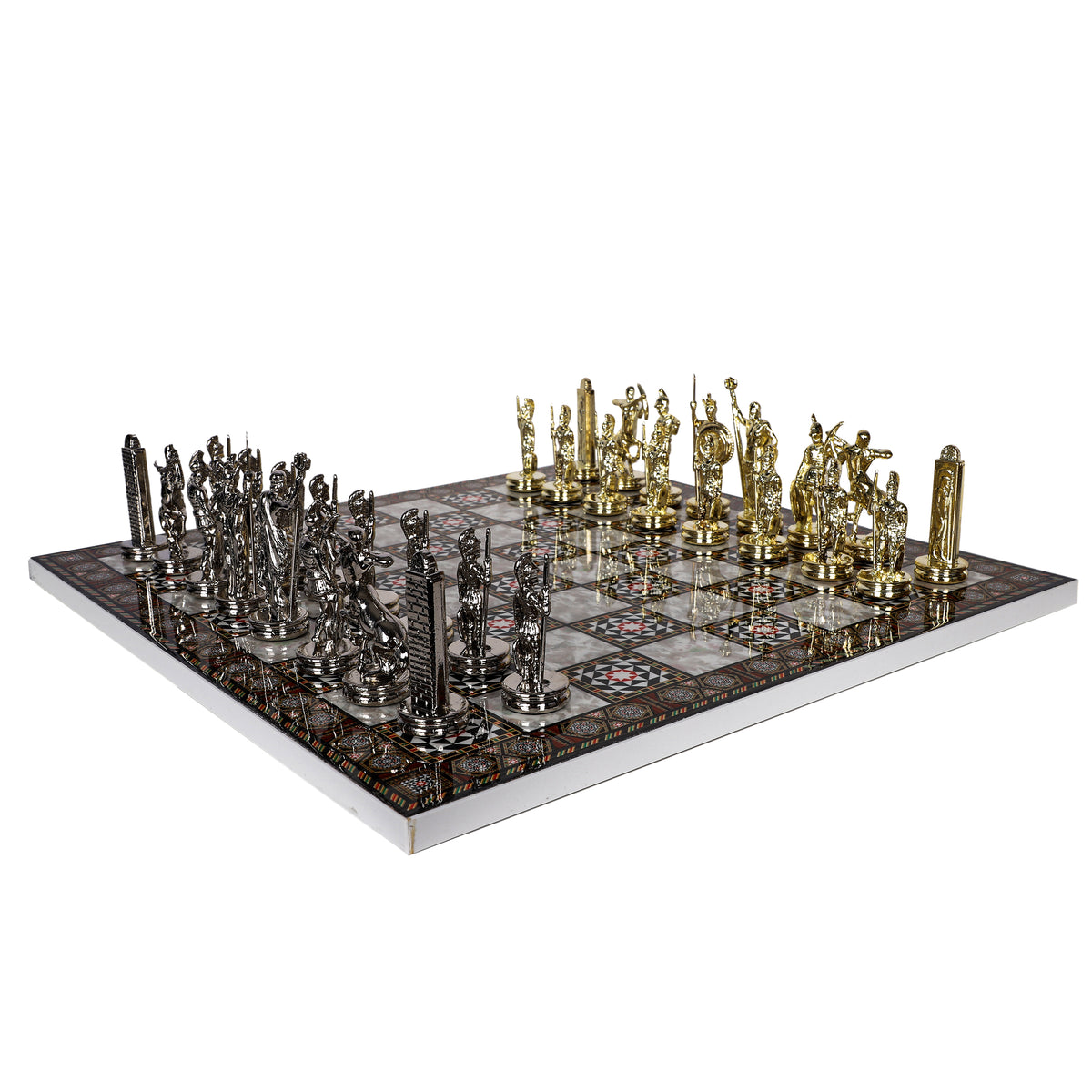 Metal Roman Lance Chess Set | Wooden Board Marble/Walnut/Mosaic Pattern – 37 cm (14.5 inch)