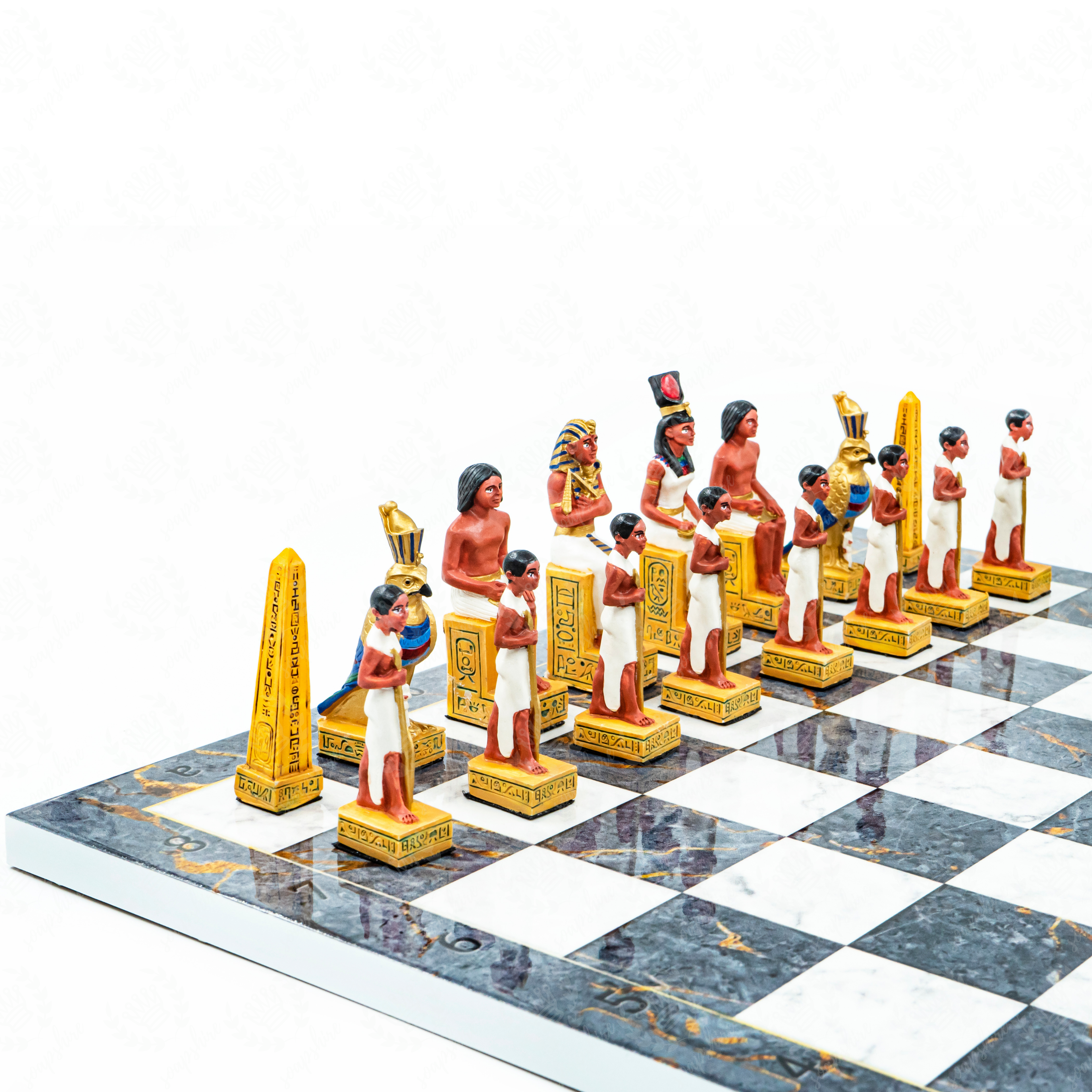 Roman vs Egyptian Chess Set | Handpainted Historical Figures | Marble/Walnut/Mosaic Pattern – 37 cm (14.5 inch)