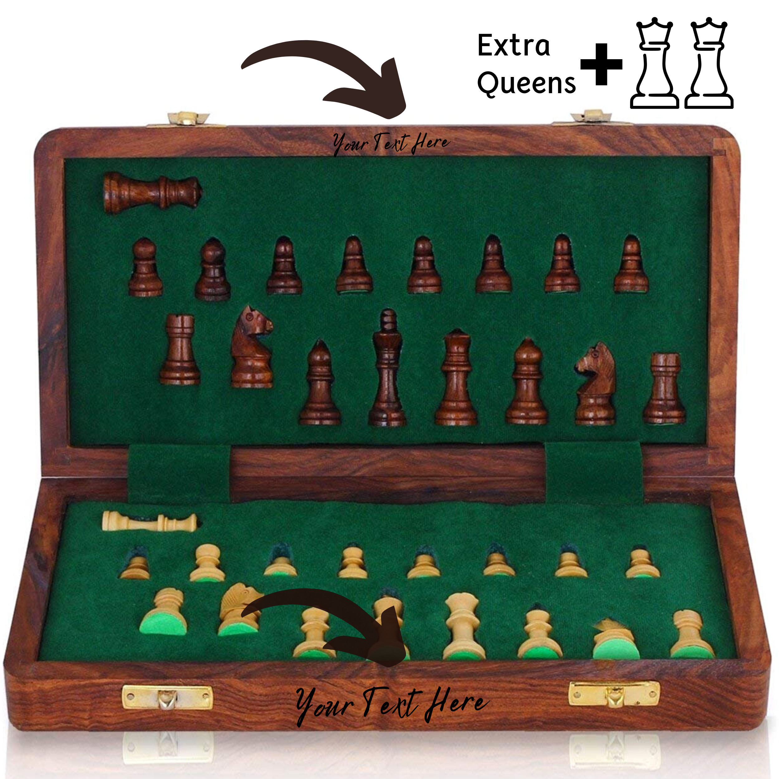 Personalised 14 inch Foldable Magnetic Chess Set with Extra Queens | Handmade Travel Chess Set