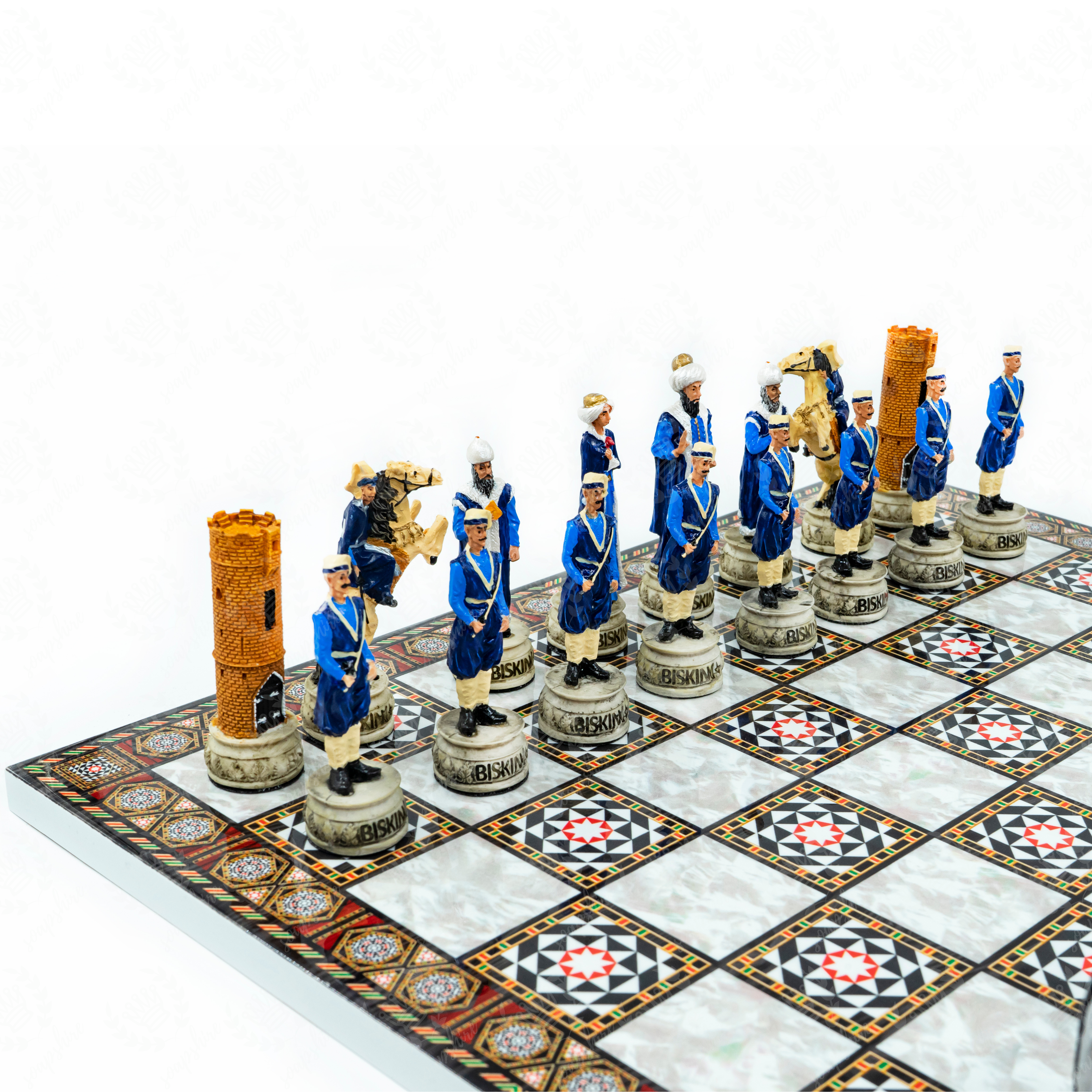 Ottoman vs British Chess Set | Handpainted Historical Figures | Marble/Walnut/Mosaic Pattern – 30 cm (12 inch)