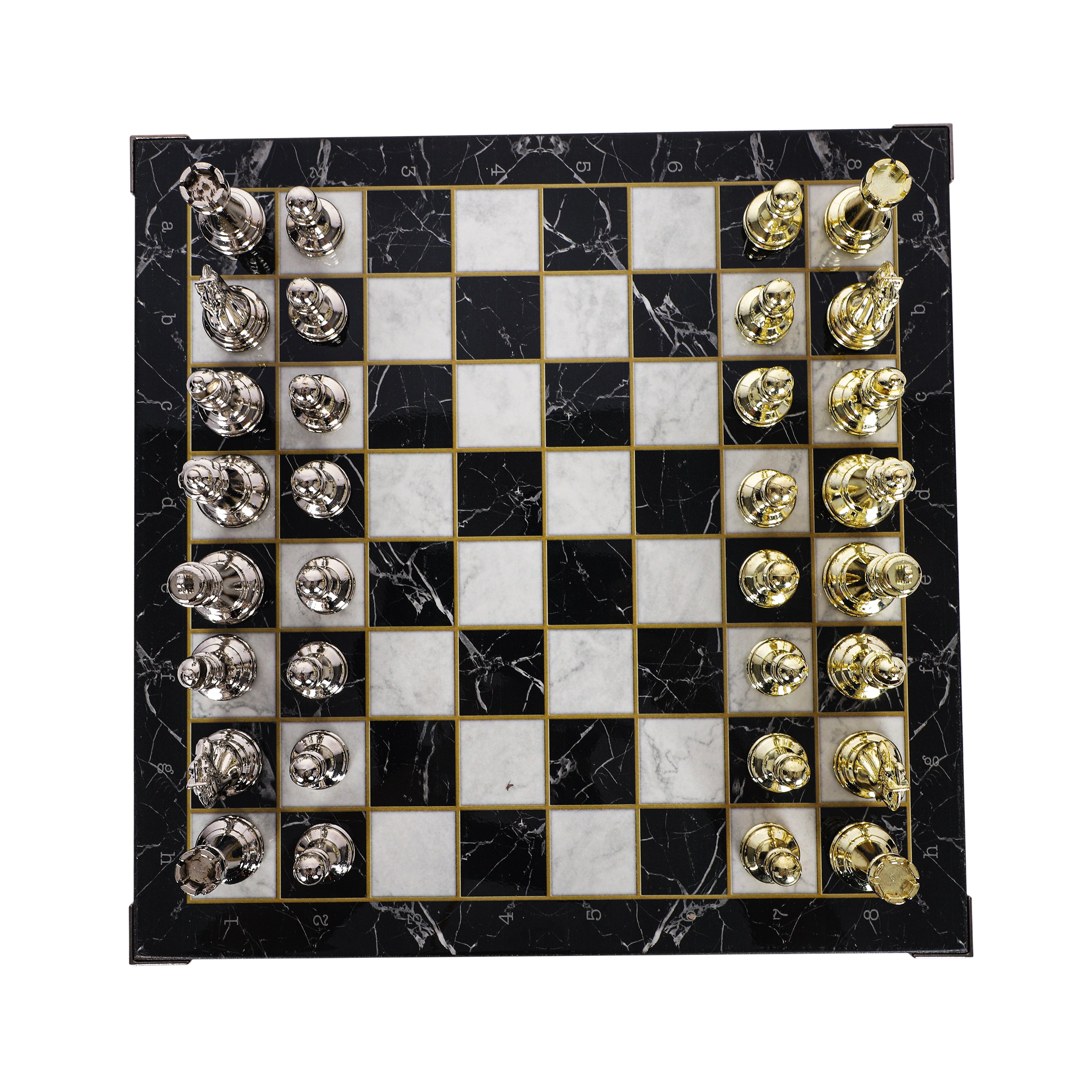 Metal Classic Chess Set |Wooden Board Marble/Walnut/Mosaic Pattern – 30 cm (12 inch)