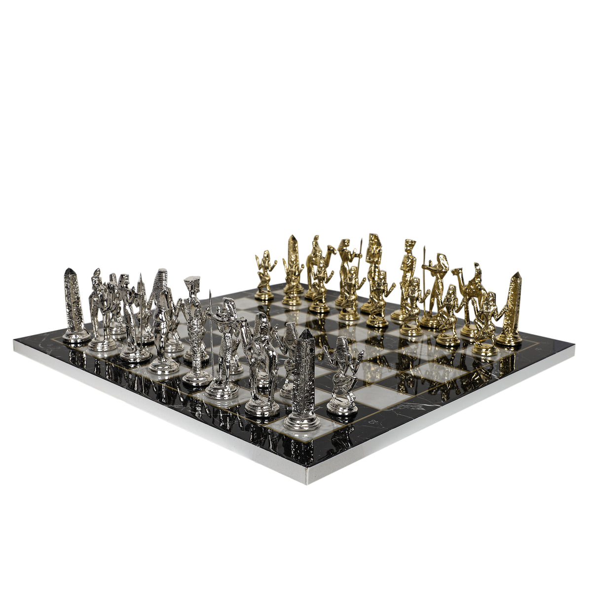 Metal Egyptian Chess Set | Wooden Board Marble/Walnut/Mosaic Pattern – 37 cm (14.5 inch)