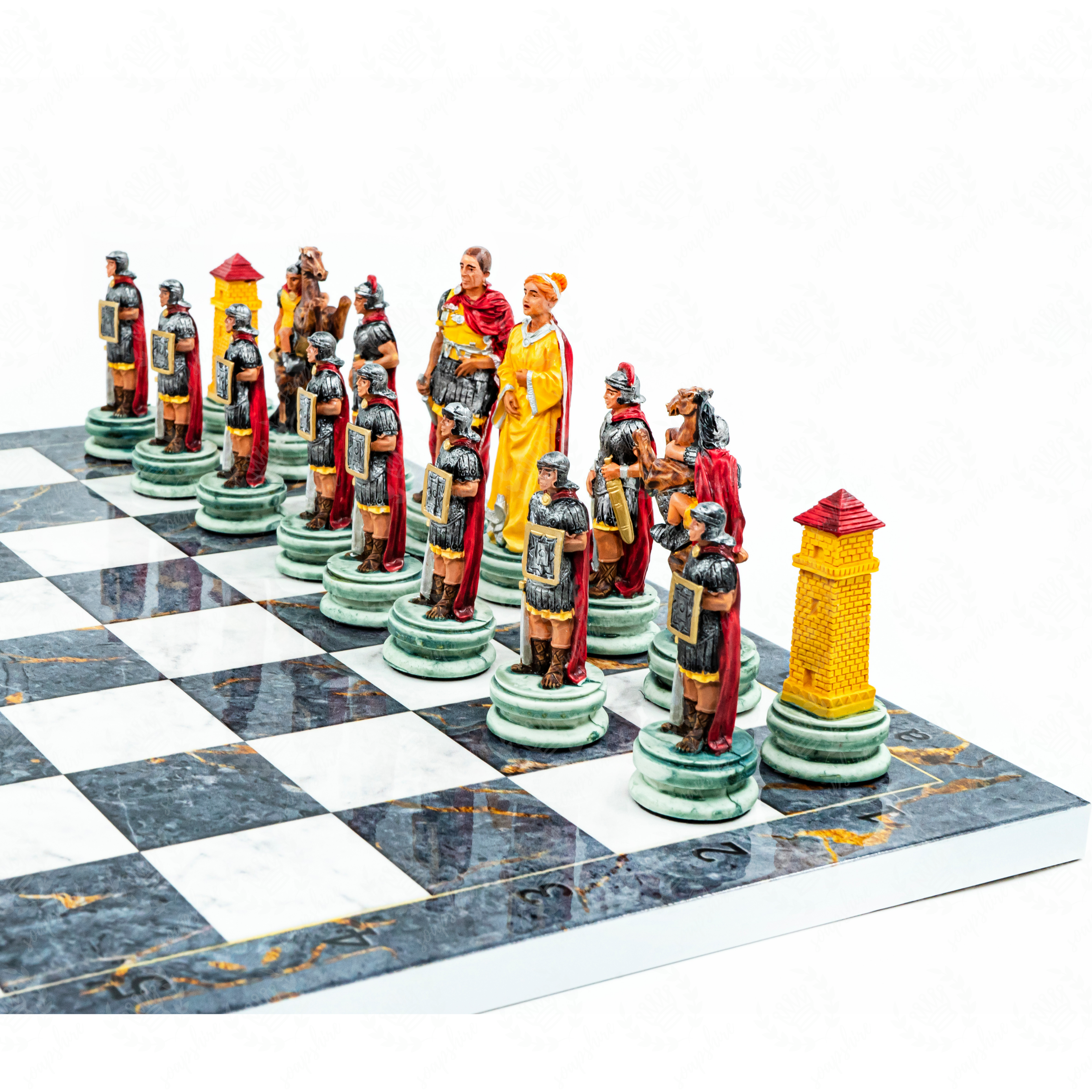 Roman vs Egyptian Chess Set | Handpainted Historical Figures | Marble/Walnut/Mosaic Pattern – 37 cm (14.5 inch)