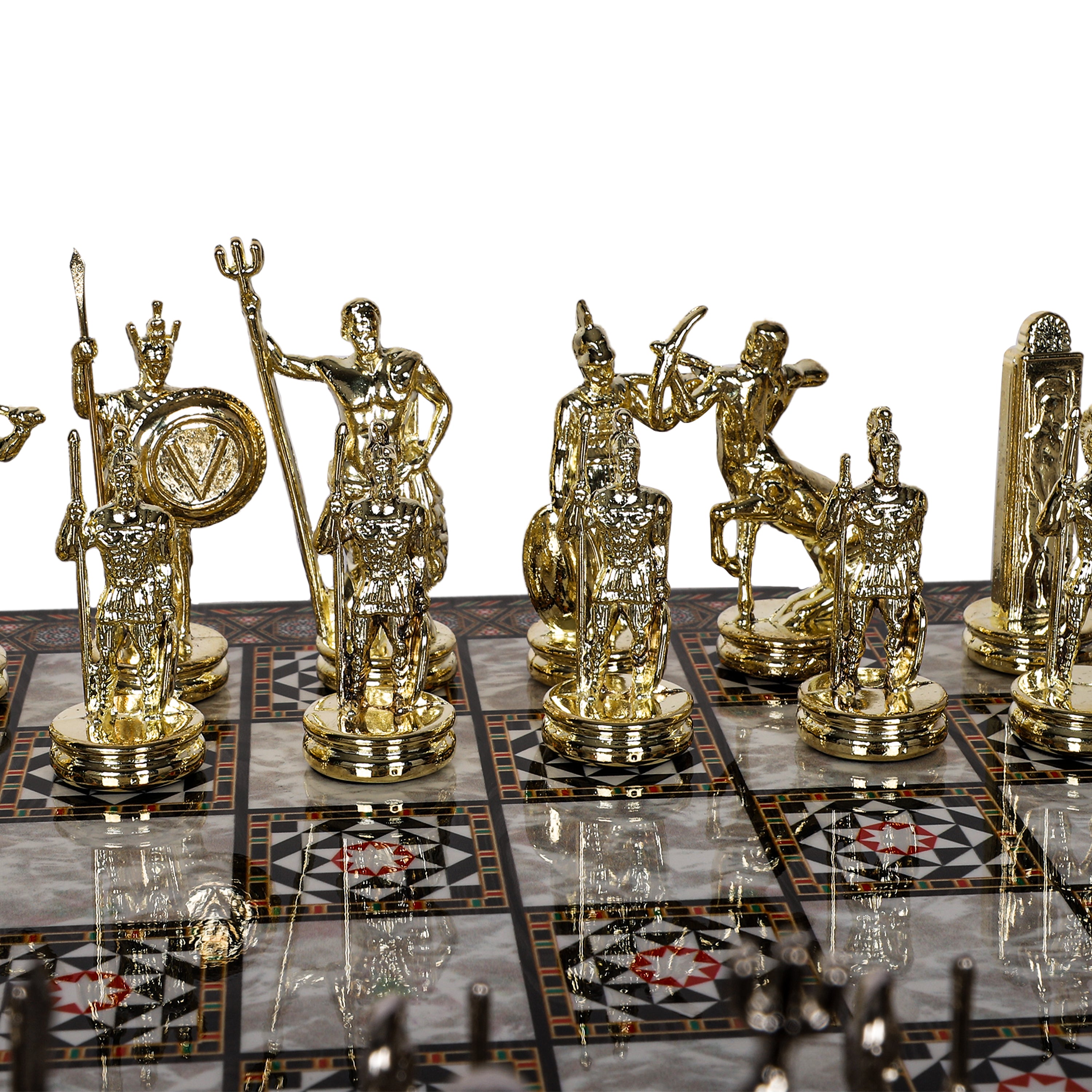 Metal Roman Lance Chess Set | Wooden Board Marble/Walnut/Mosaic Pattern – 37 cm (14.5 inch)