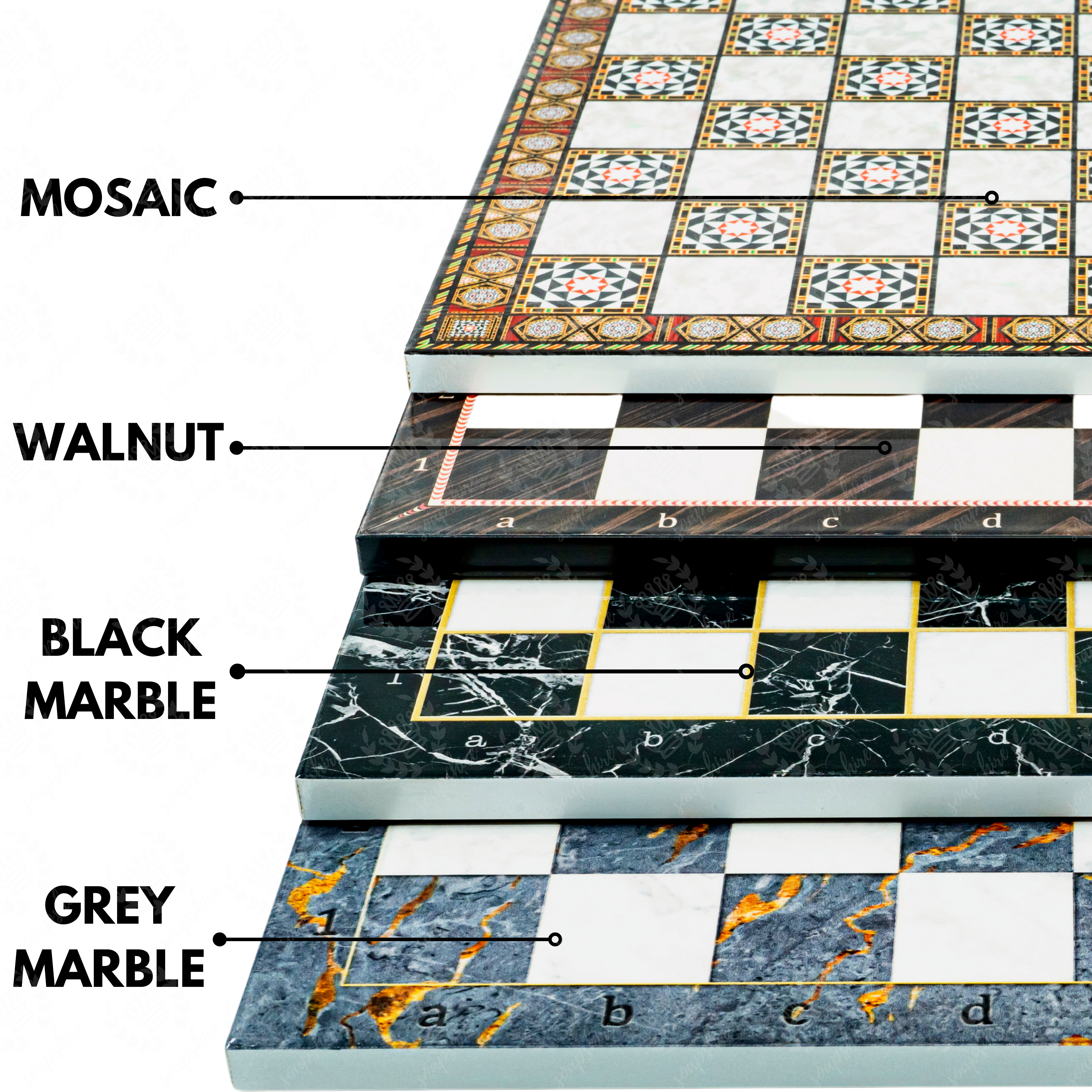 Metal Roman Lance Chess Set | Wooden Board Marble/Walnut/Mosaic Pattern – 37 cm (14.5 inch)