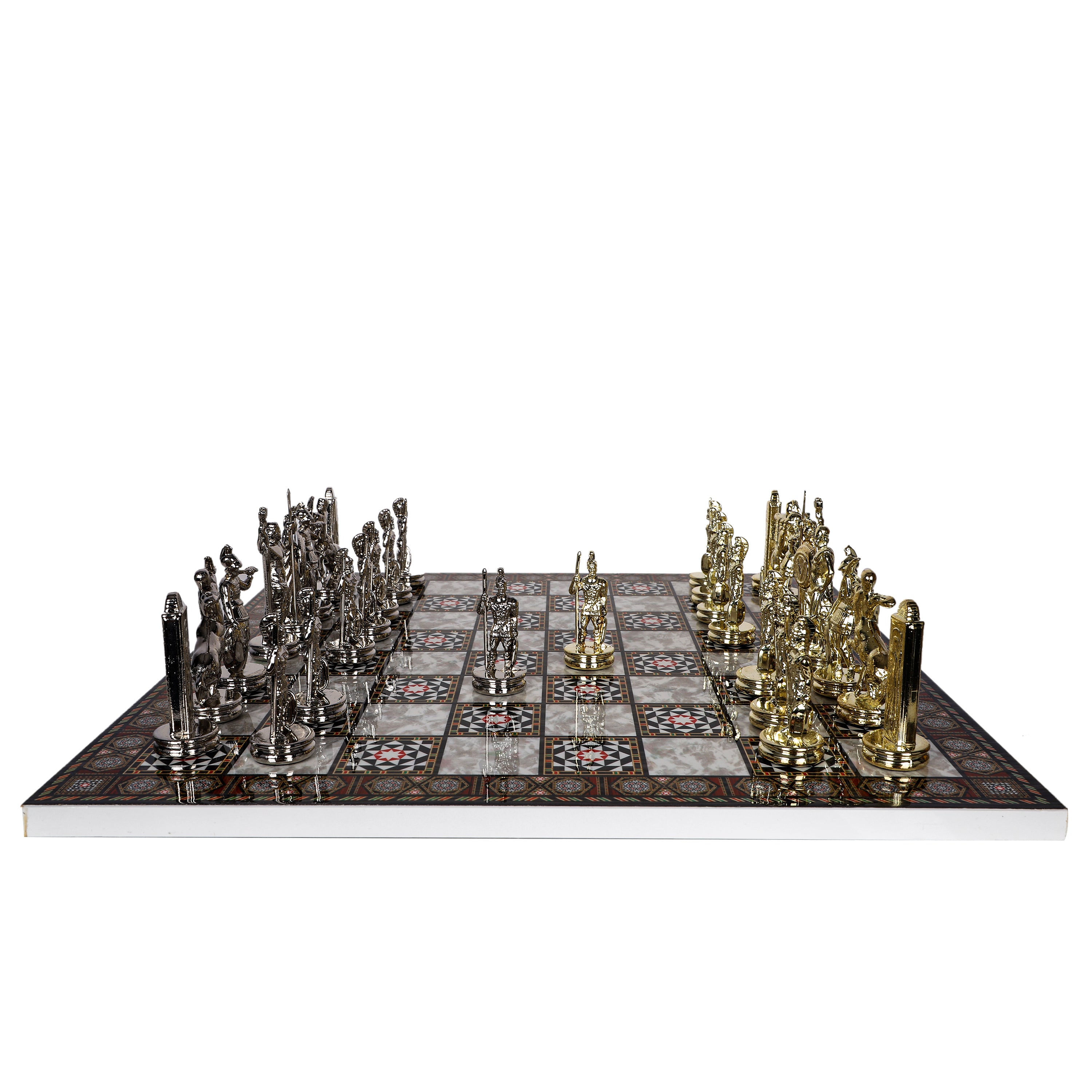 Metal Roman Lance Chess Set | Wooden Board Marble/Walnut/Mosaic Pattern – 37 cm (14.5 inch)