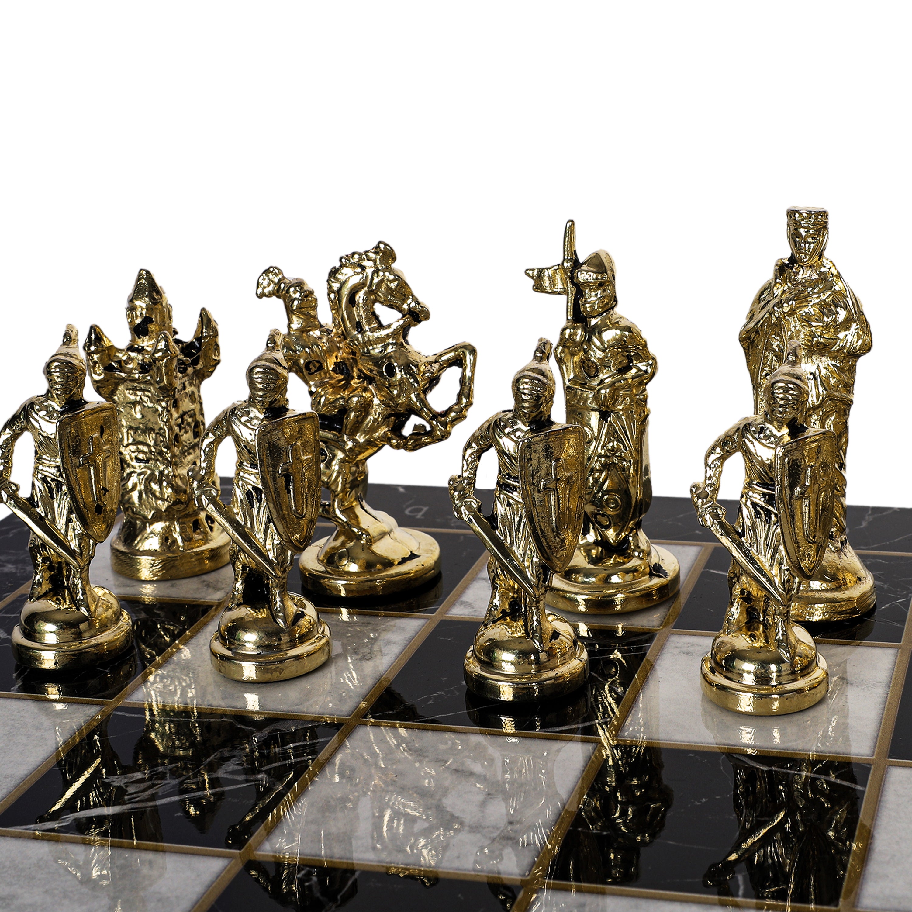 Metal British Chess Set | Wooden Board Marble/Mosaic Pattern – 44 cm (17 inch)