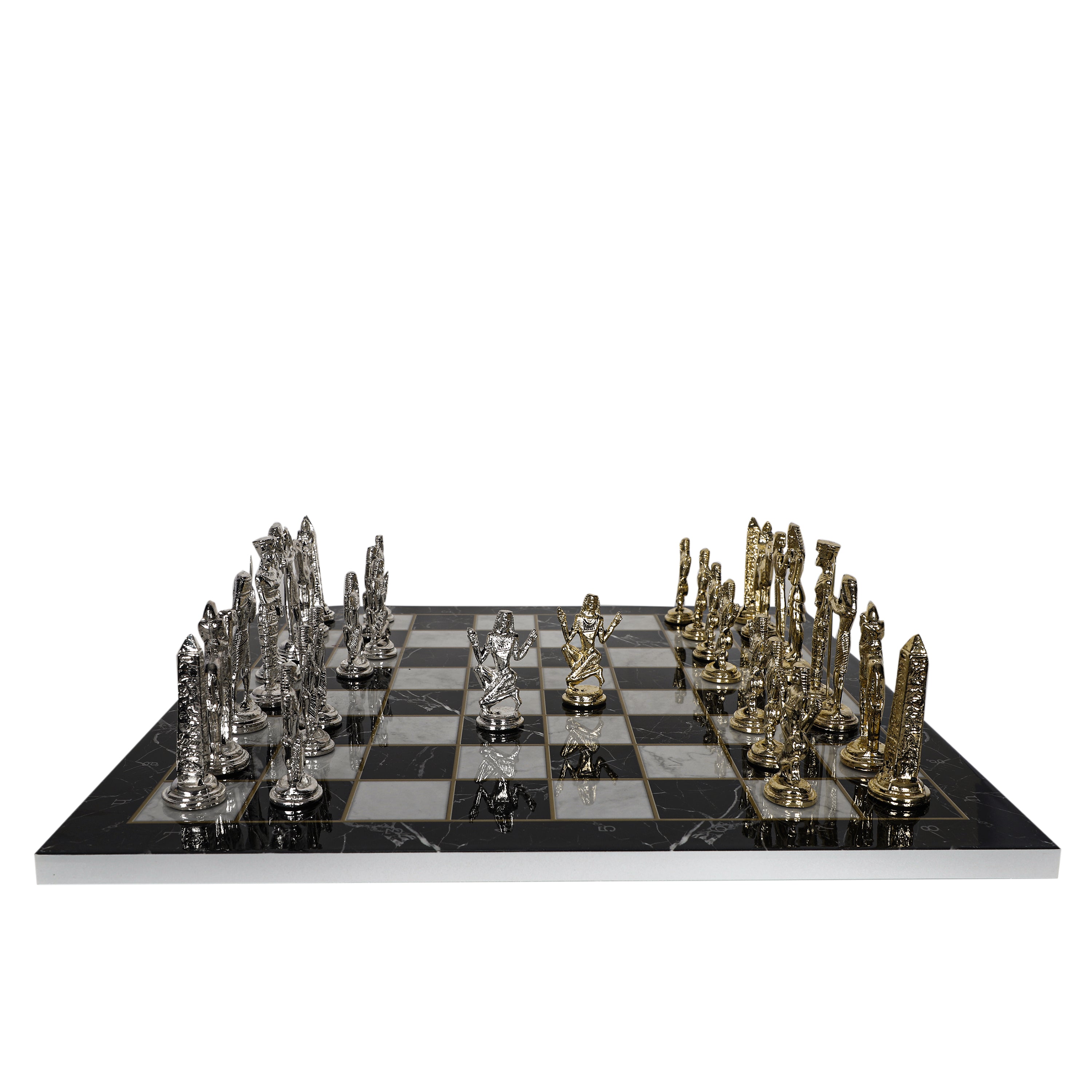 Metal Egyptian Chess Set | Wooden Board Marble/Walnut/Mosaic Pattern – 37 cm (14.5 inch)