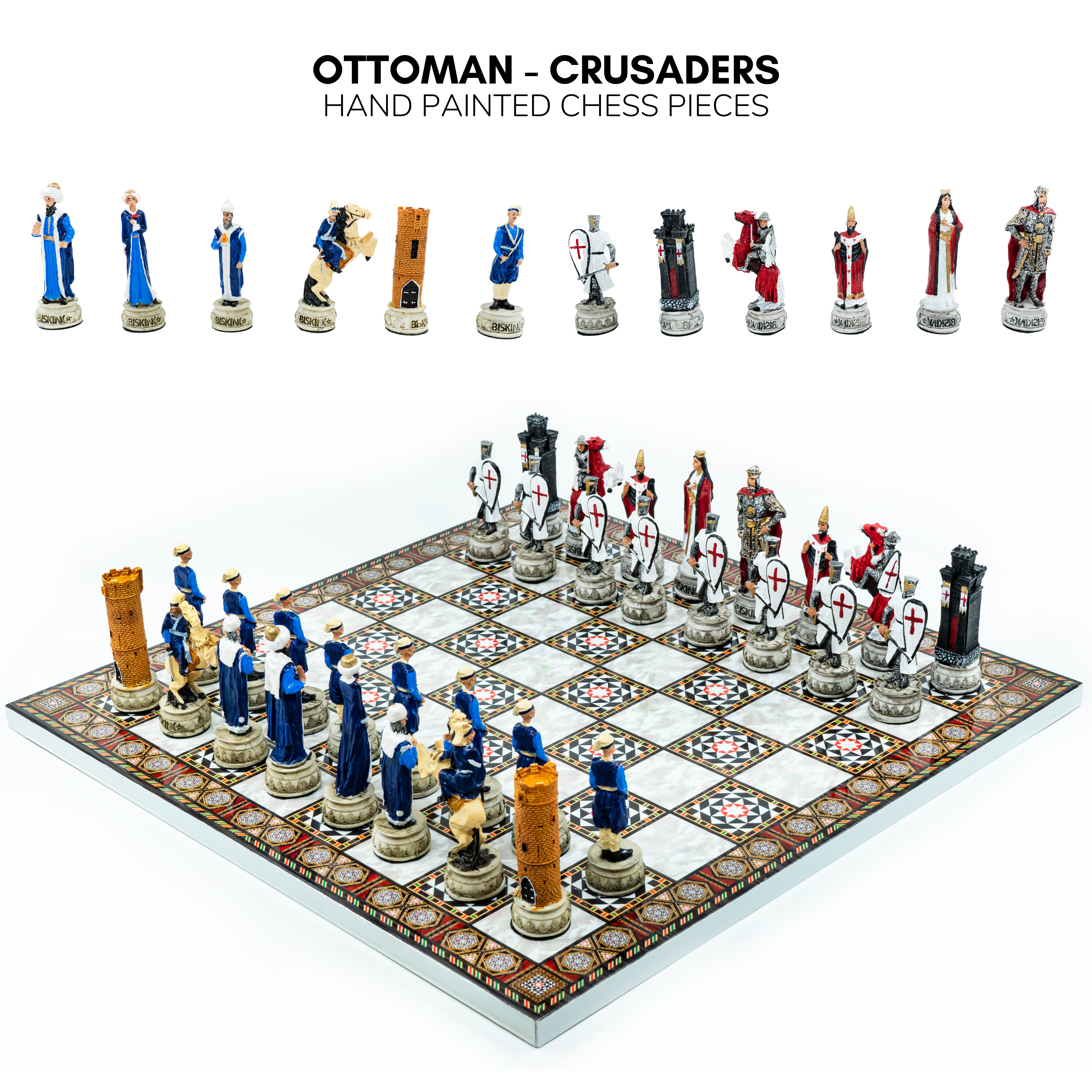 Ottoman vs British Chess Set | Handpainted Historical Figures | Marble/Walnut/Mosaic Pattern – 30 cm (12 inch)