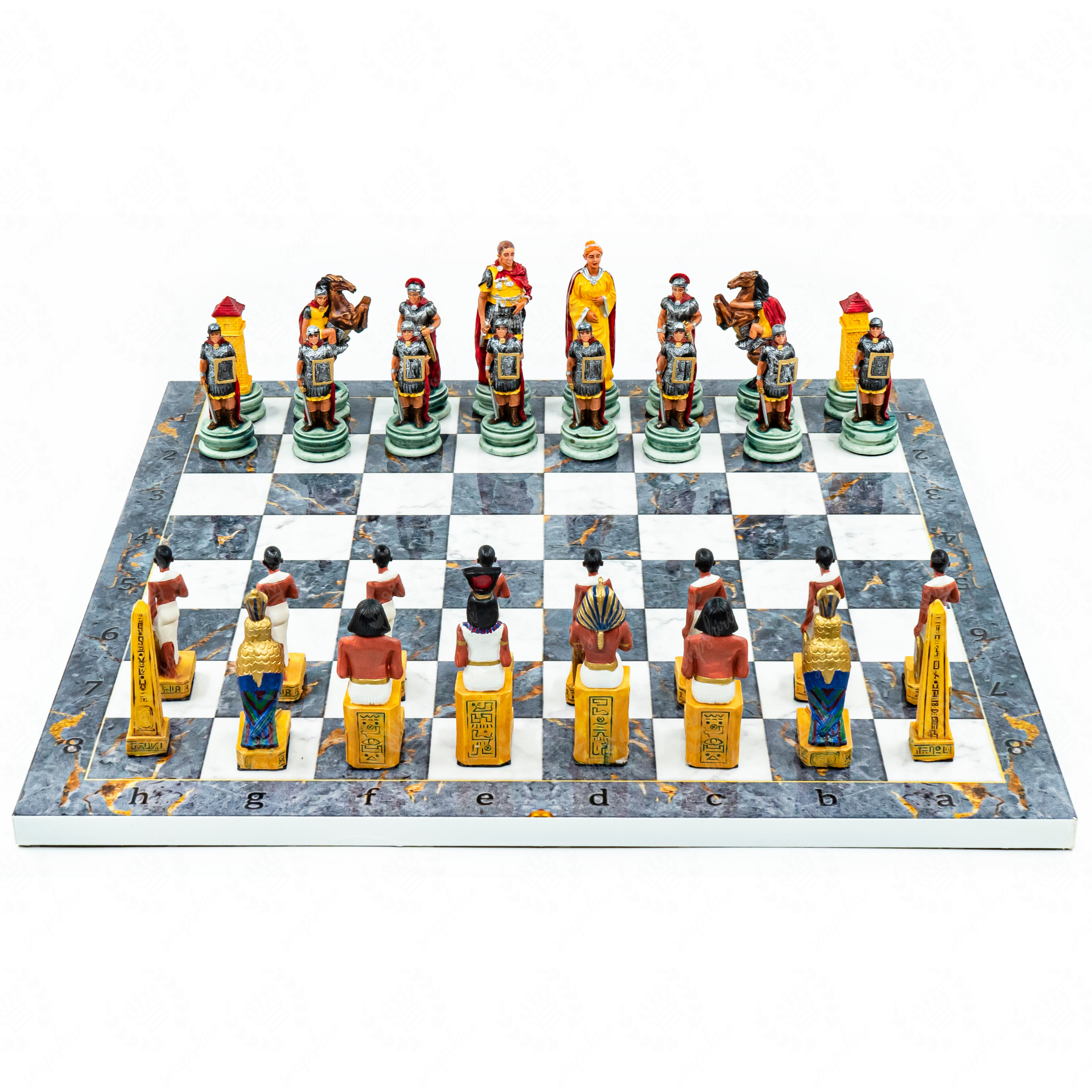 Roman vs Egyptian Chess Set | Handpainted Historical Figures | Marble/Walnut/Mosaic Pattern – 37 cm (14.5 inch)