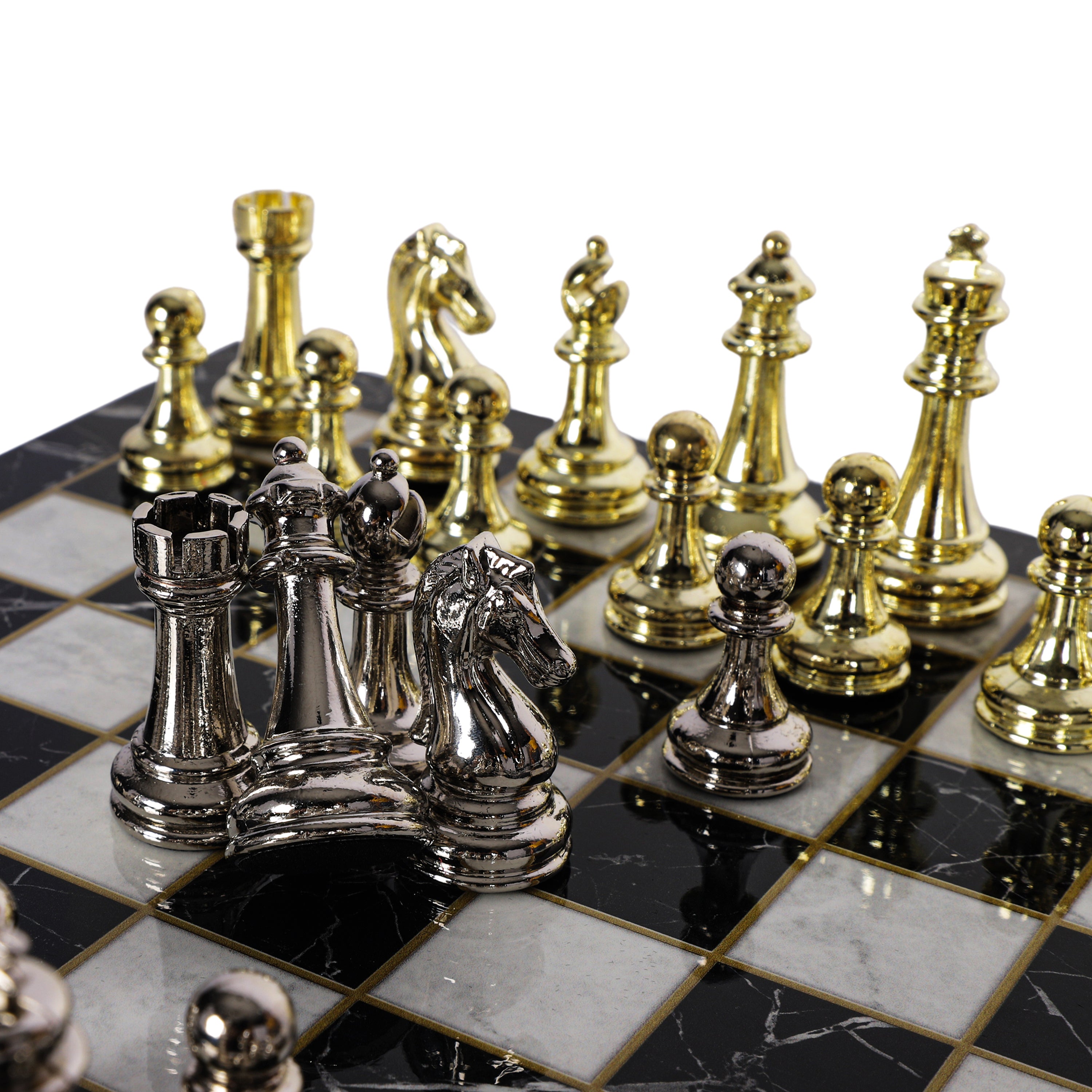 Metal Classic Chess Set |Wooden Board Marble/Walnut/Mosaic Pattern – 30 cm (12 inch)