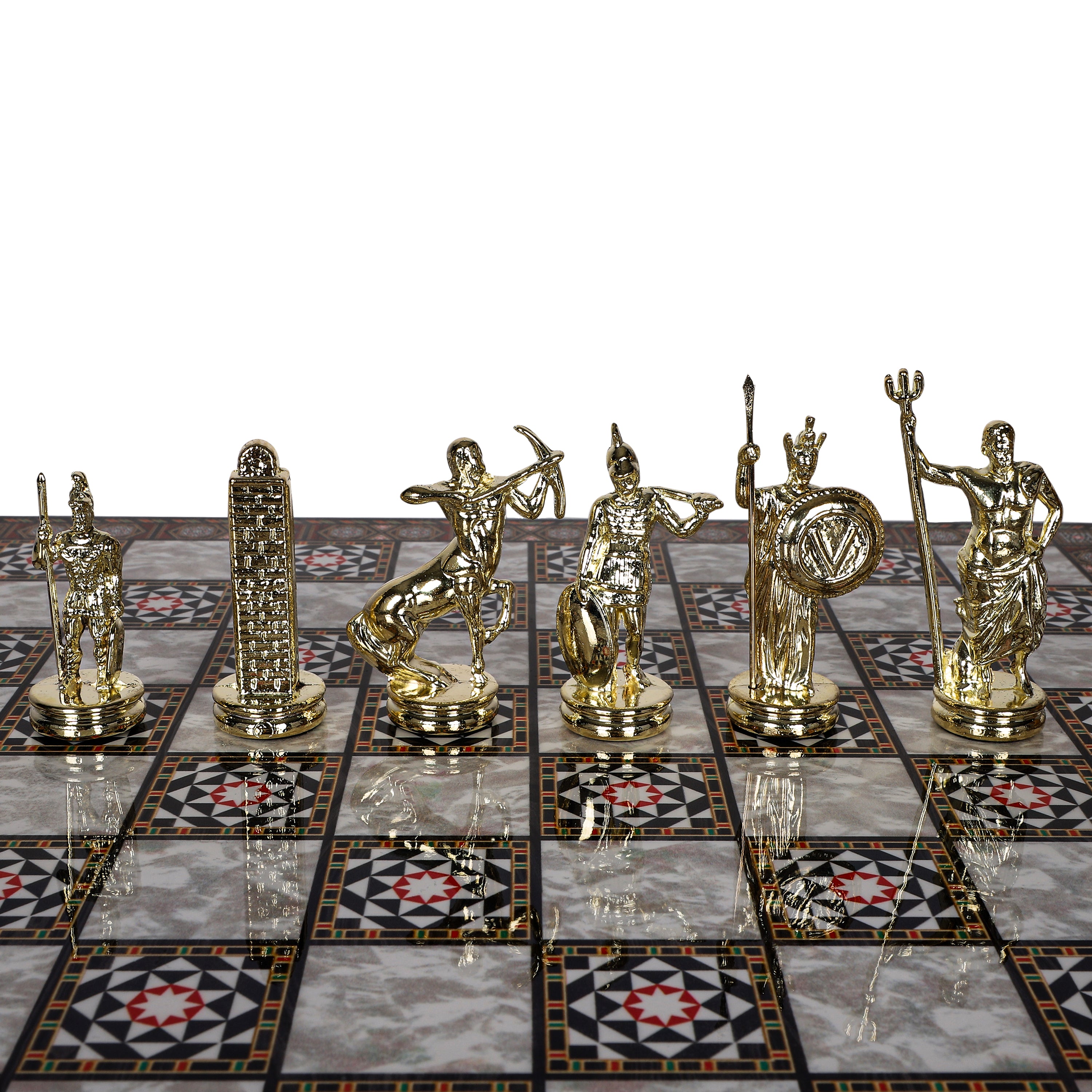 Metal Roman Lance Chess Set | Wooden Board Marble/Walnut/Mosaic Pattern – 37 cm (14.5 inch)