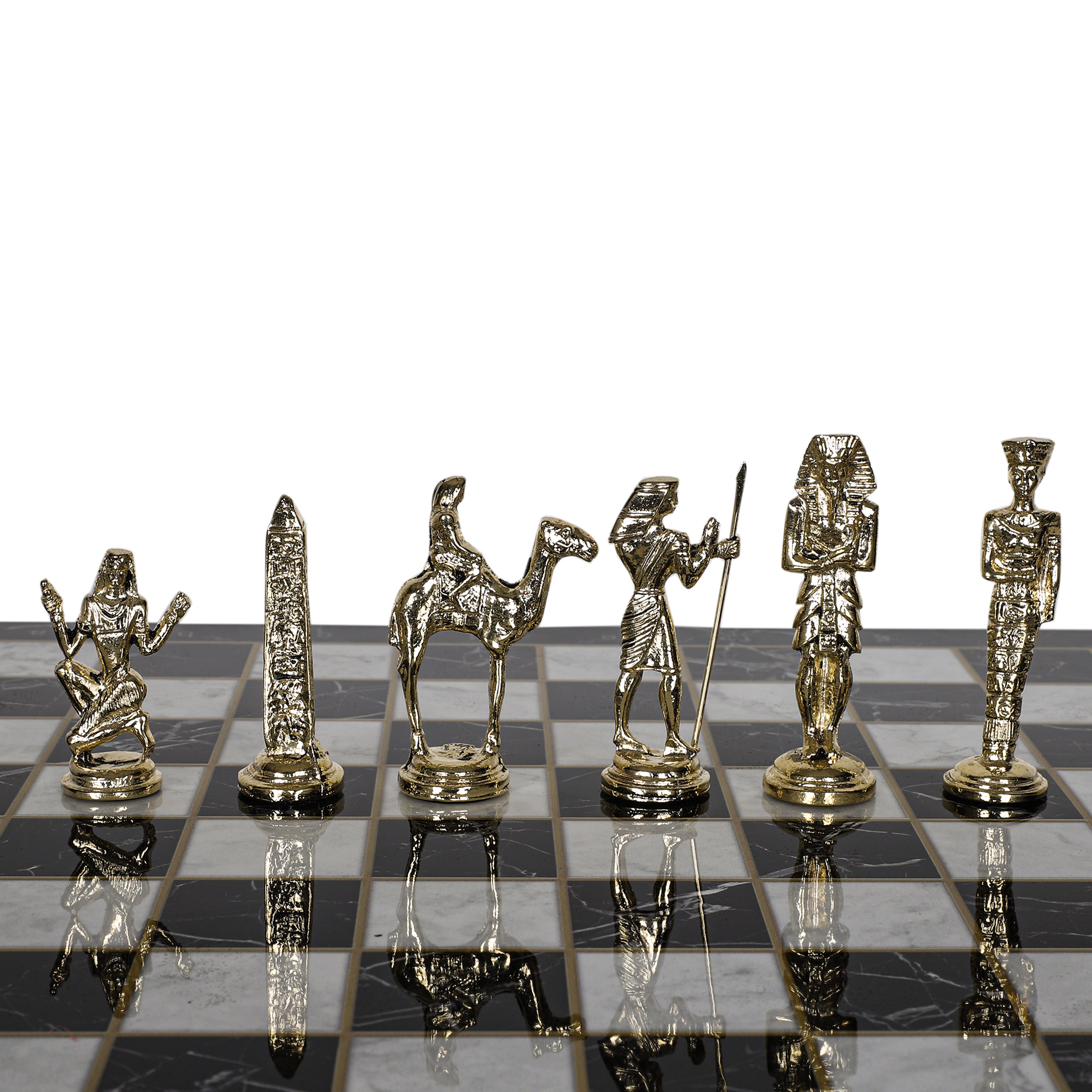 Metal Egyptian Chess Set | Wooden Board Marble/Walnut/Mosaic Pattern – 37 cm (14.5 inch)