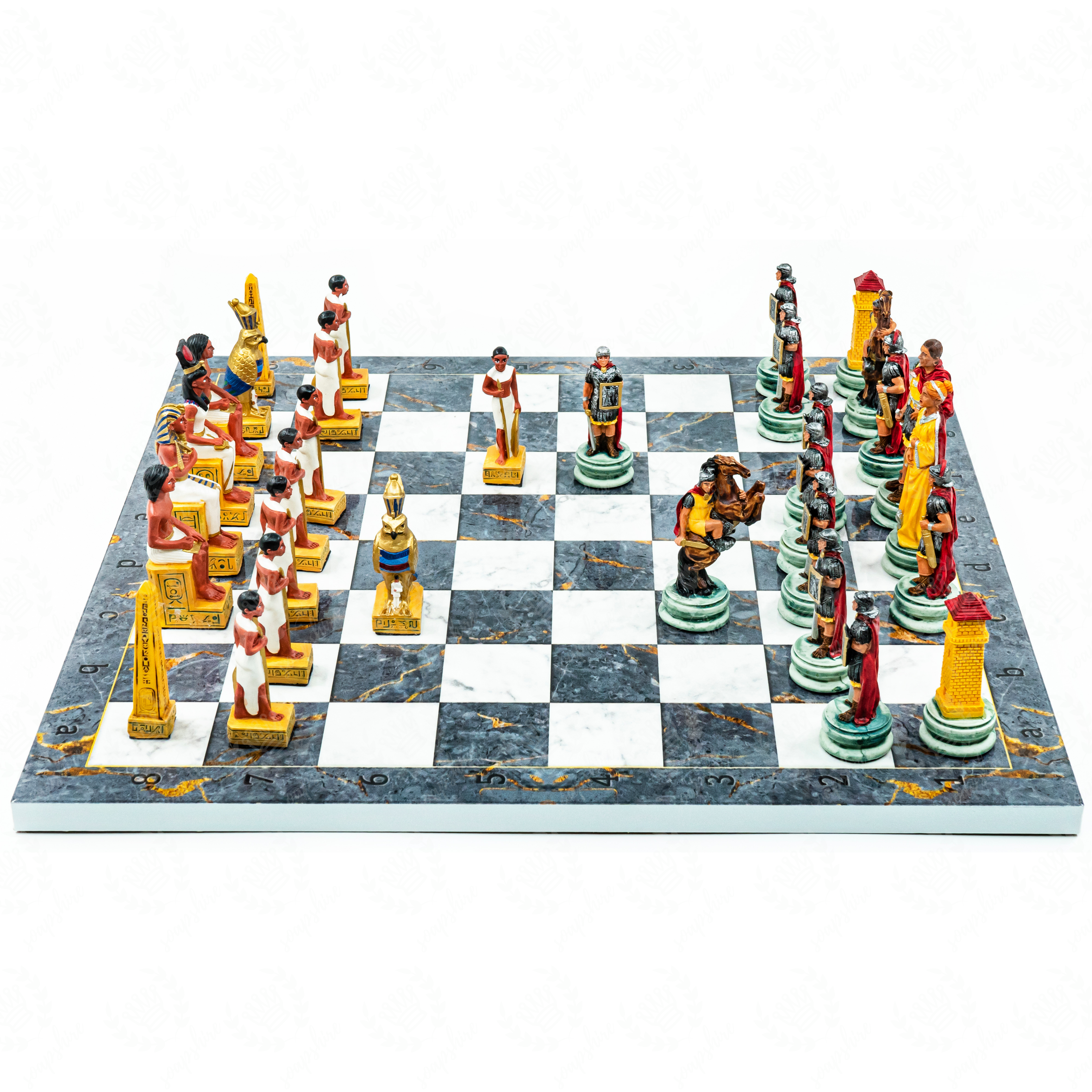 Roman vs Egyptian Chess Set | Handpainted Historical Figures | Marble/Walnut/Mosaic Pattern – 37 cm (14.5 inch)