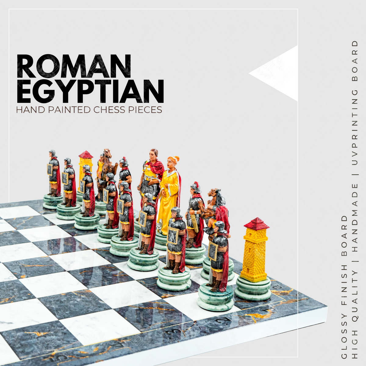 Roman vs Egyptian Chess Set | Handpainted Historical Figures | Marble/Walnut/Mosaic Pattern – 37 cm (14.5 inch)