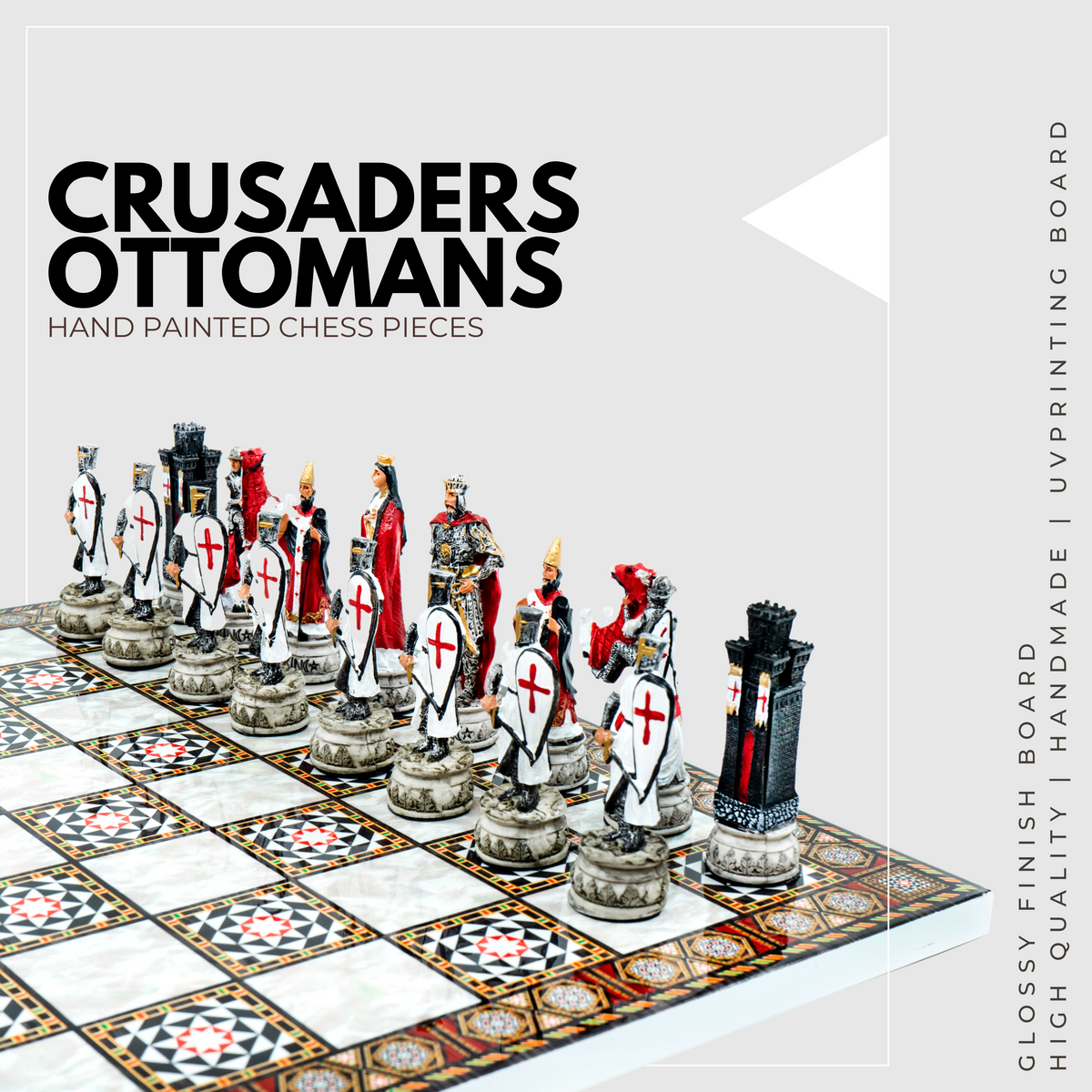 Ottoman vs British Chess Set | Handpainted Historical Figures | Marble/Mosaic Pattern – 44 cm (17 inch)