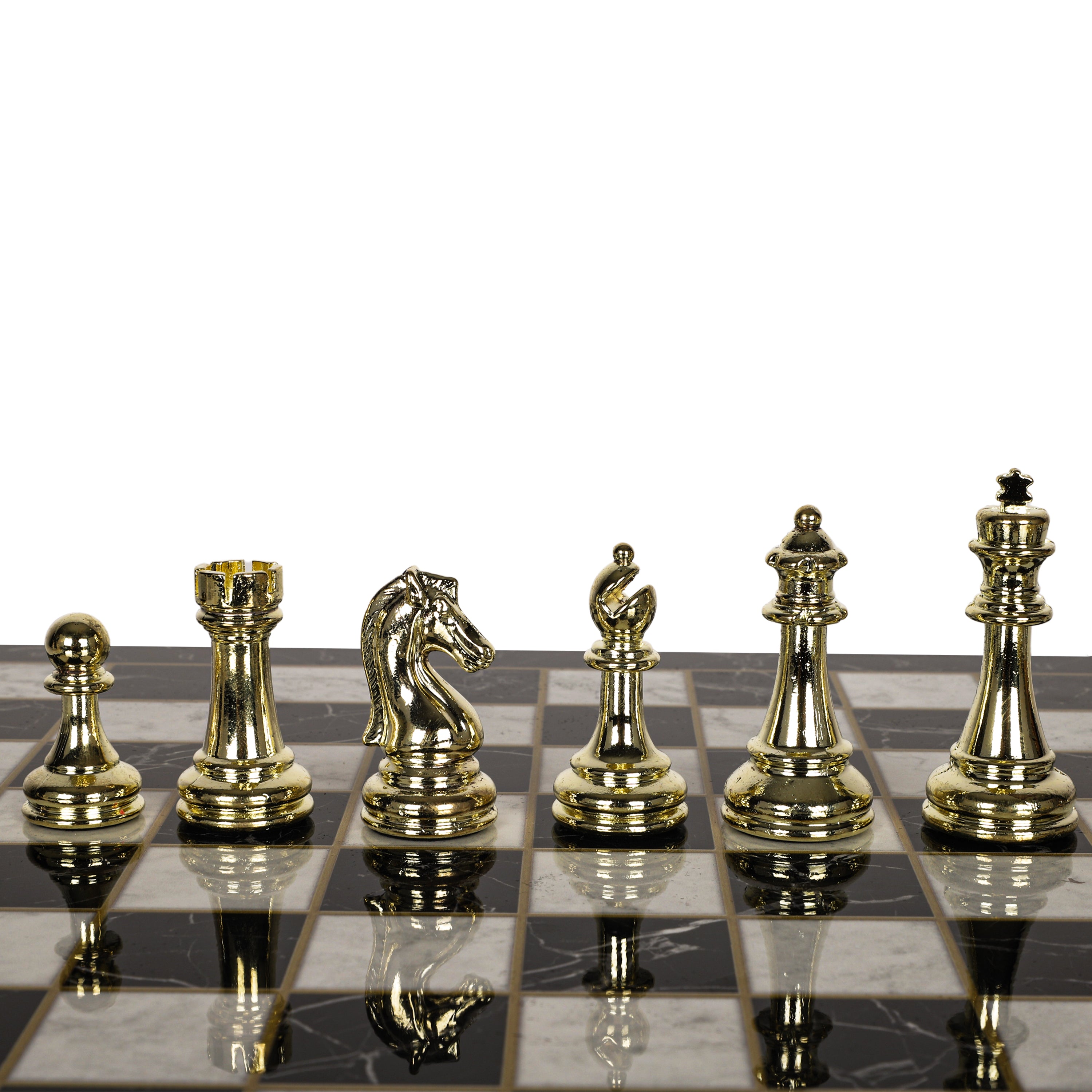 Metal Classic Chess Set |Wooden Board Marble/Walnut/Mosaic Pattern – 30 cm (12 inch)