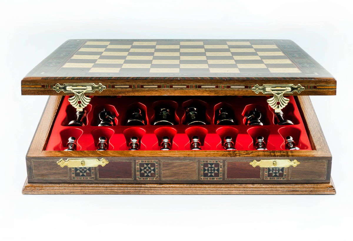 Handmade Metal Chess Set with Storage | Solid Wood Board – 38 cm (15 inch)