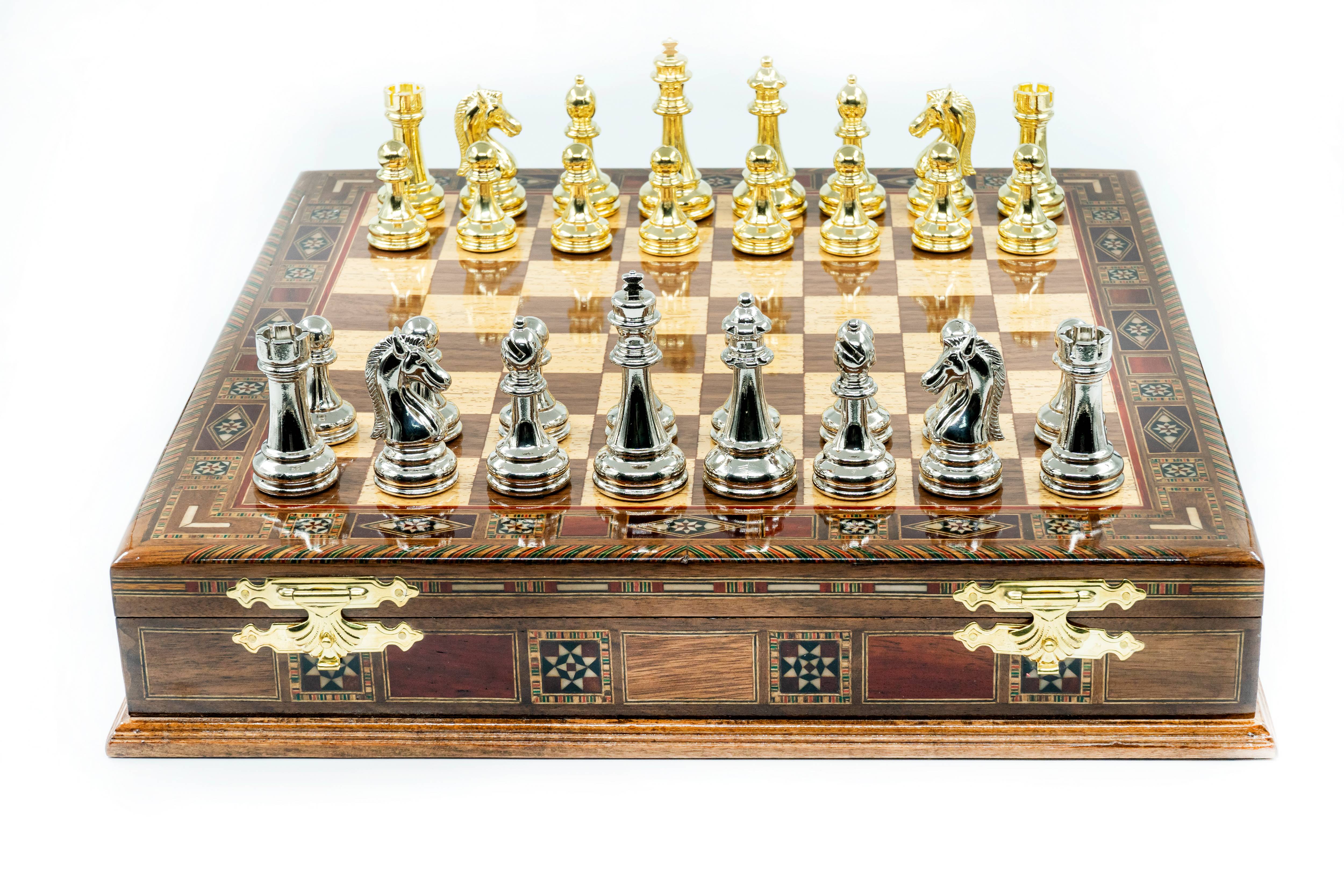 Handmade Metal Chess Set with Storage | Solid Wood Board – 38 cm (15 inch)