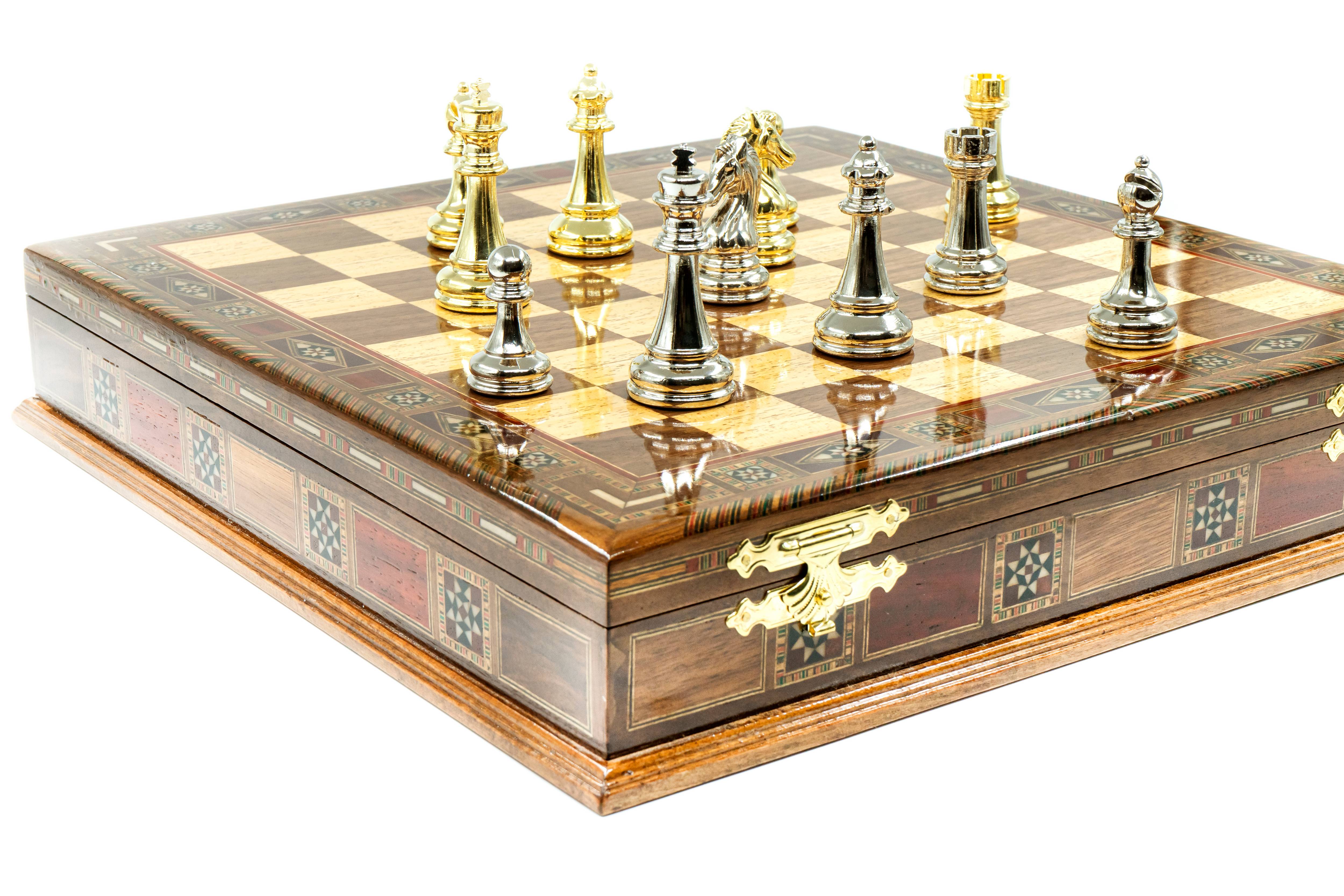 Handmade Metal Chess Set with Storage | Solid Wood Board – 38 cm (15 inch)