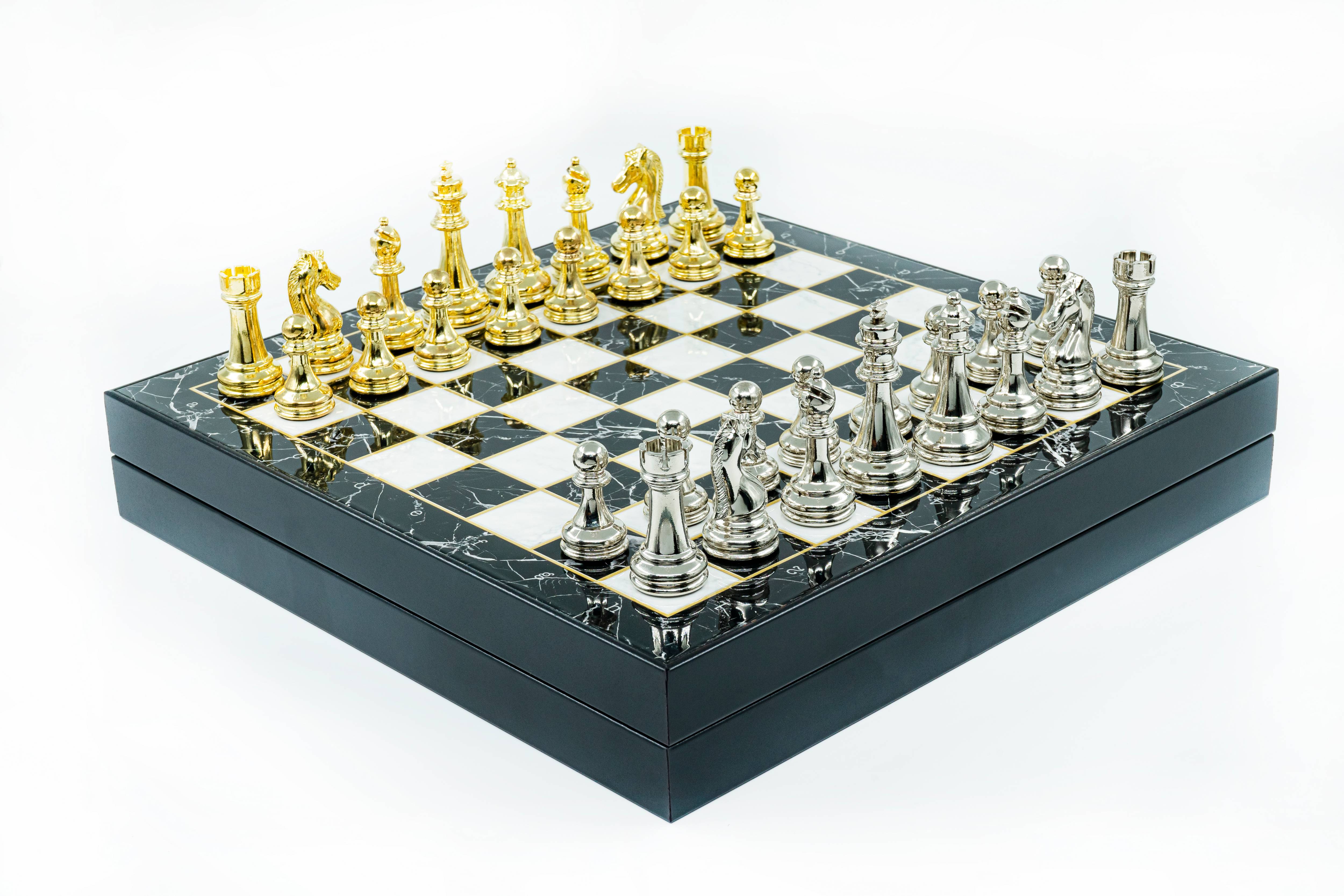 Metal Chess Set with Storage | Marble Pattern Board – 30/37 cm (12/14.5 inch)