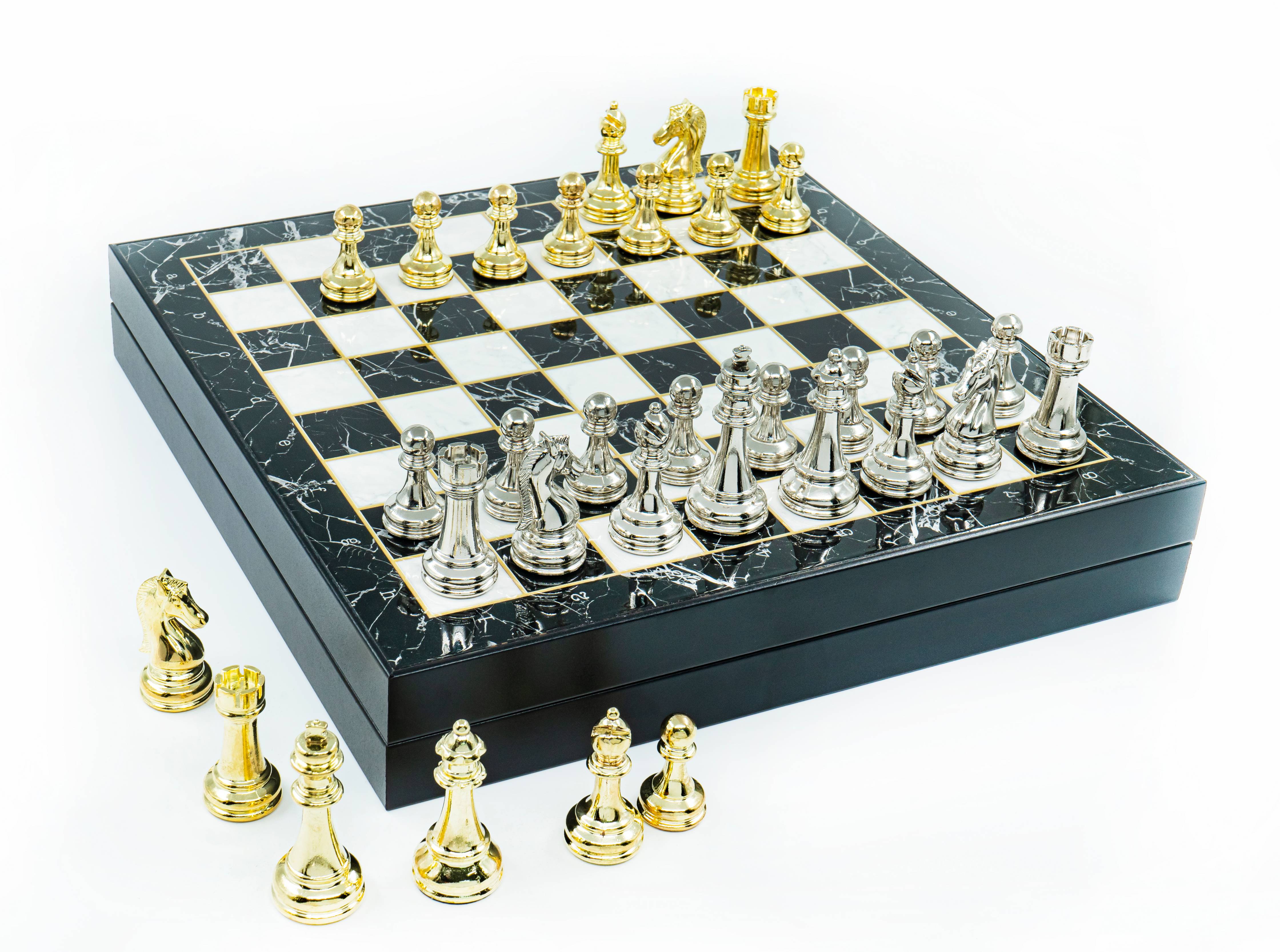 Metal Chess Set with Storage | Marble Pattern Board – 30/37 cm (12/14.5 inch)